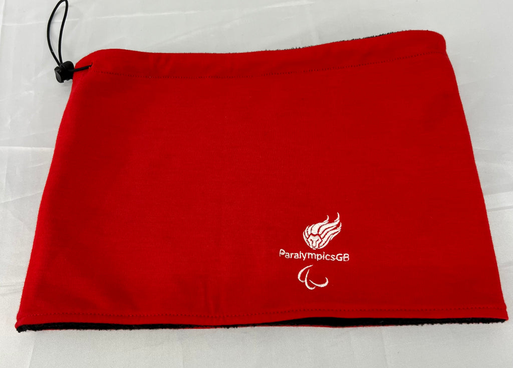 ParalympicsGB red neck warmer with logo embroidery shown flat