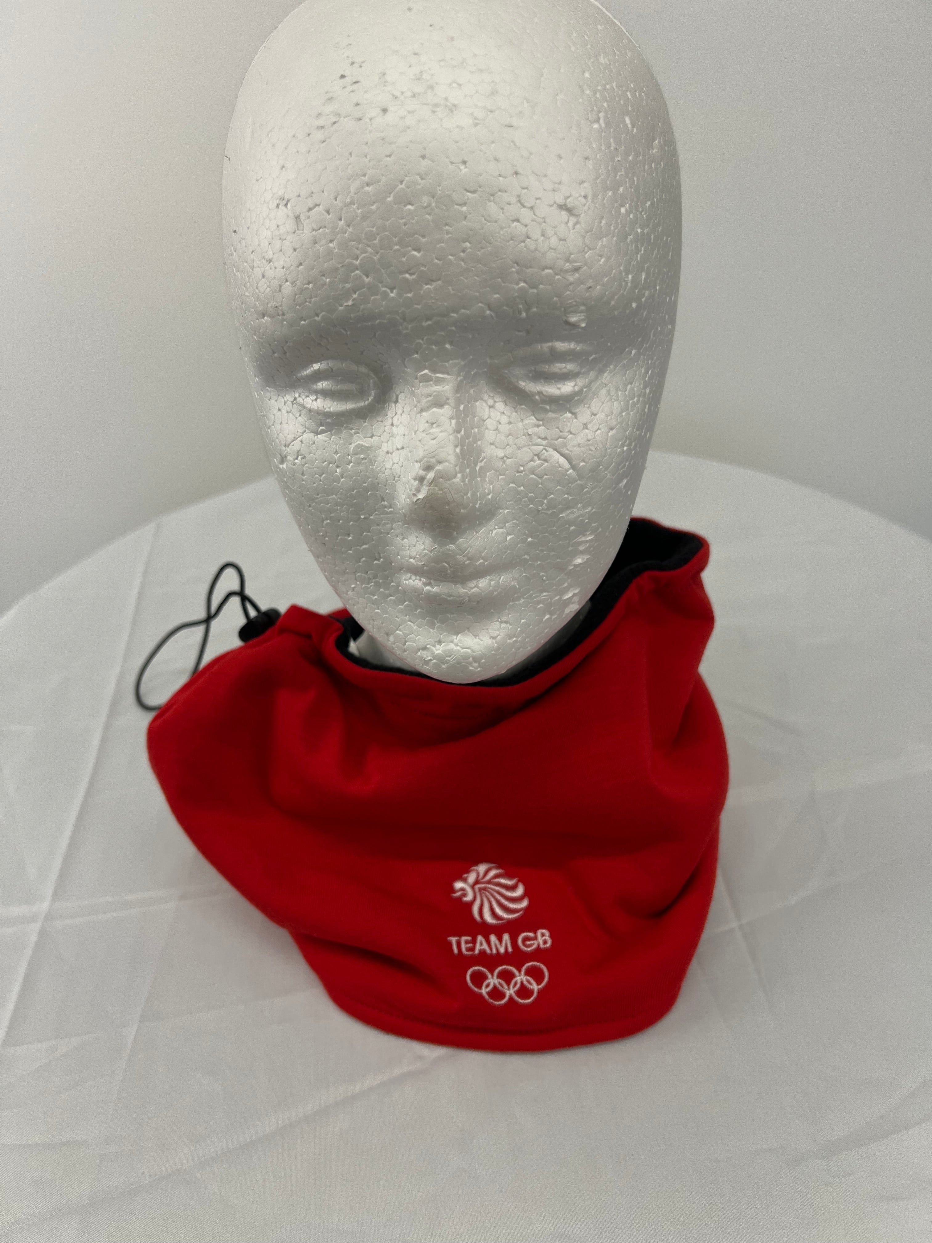 Red Team GB neck warmer with clear logo embroidery, displayed on mannequin