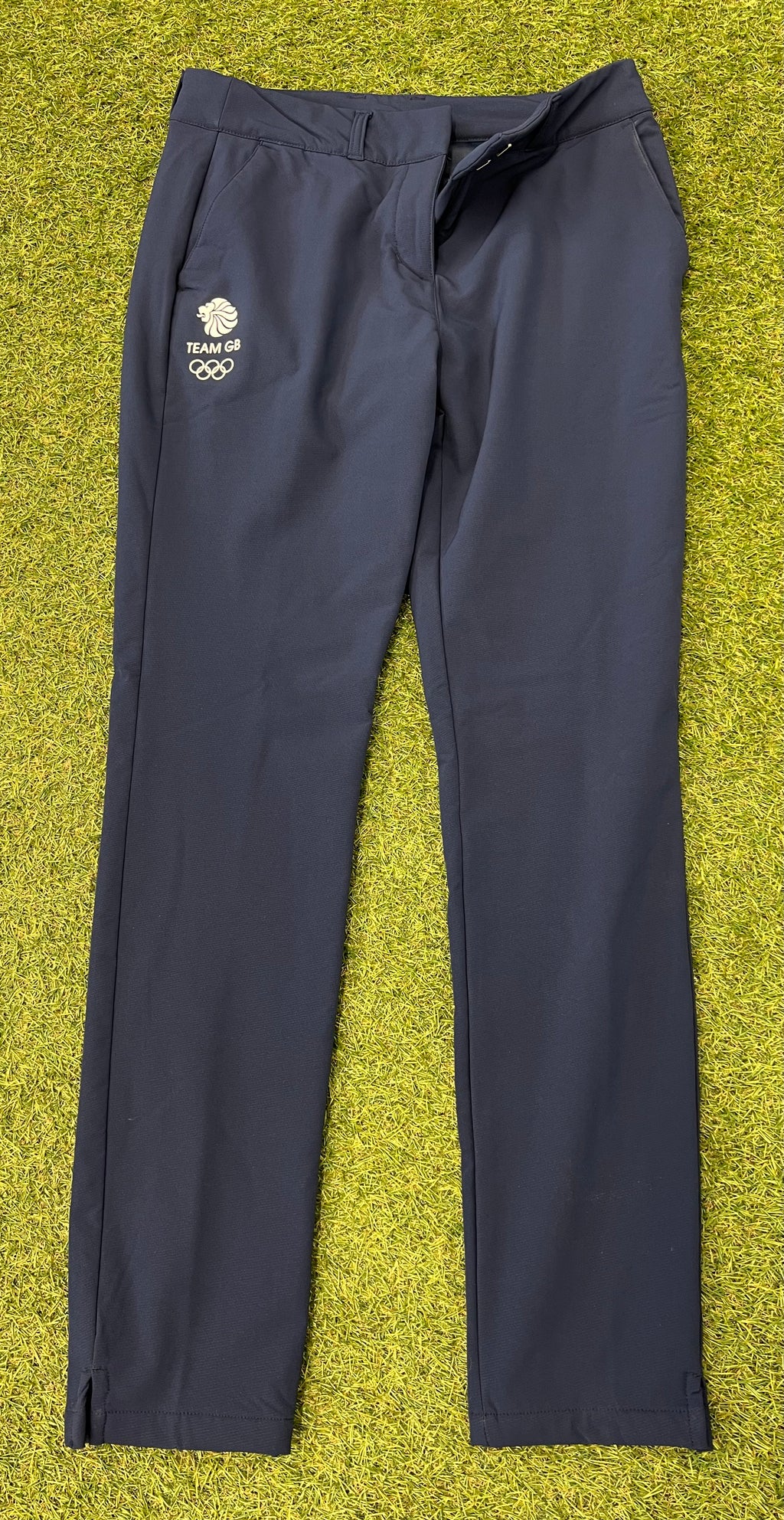 Adidas Team GB women's fleece-lined navy trousers front view on grass