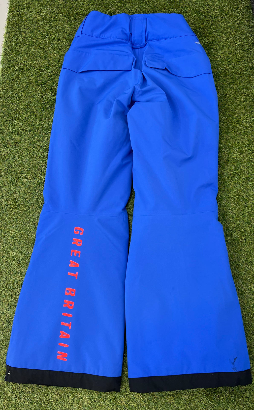 Rear view of blue snow trousers with 'GREAT BRITAIN' text and back pockets