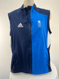 Front view of men's Adidas Team GB Beijing 2022 gilet with navy and blue panels and zip closure