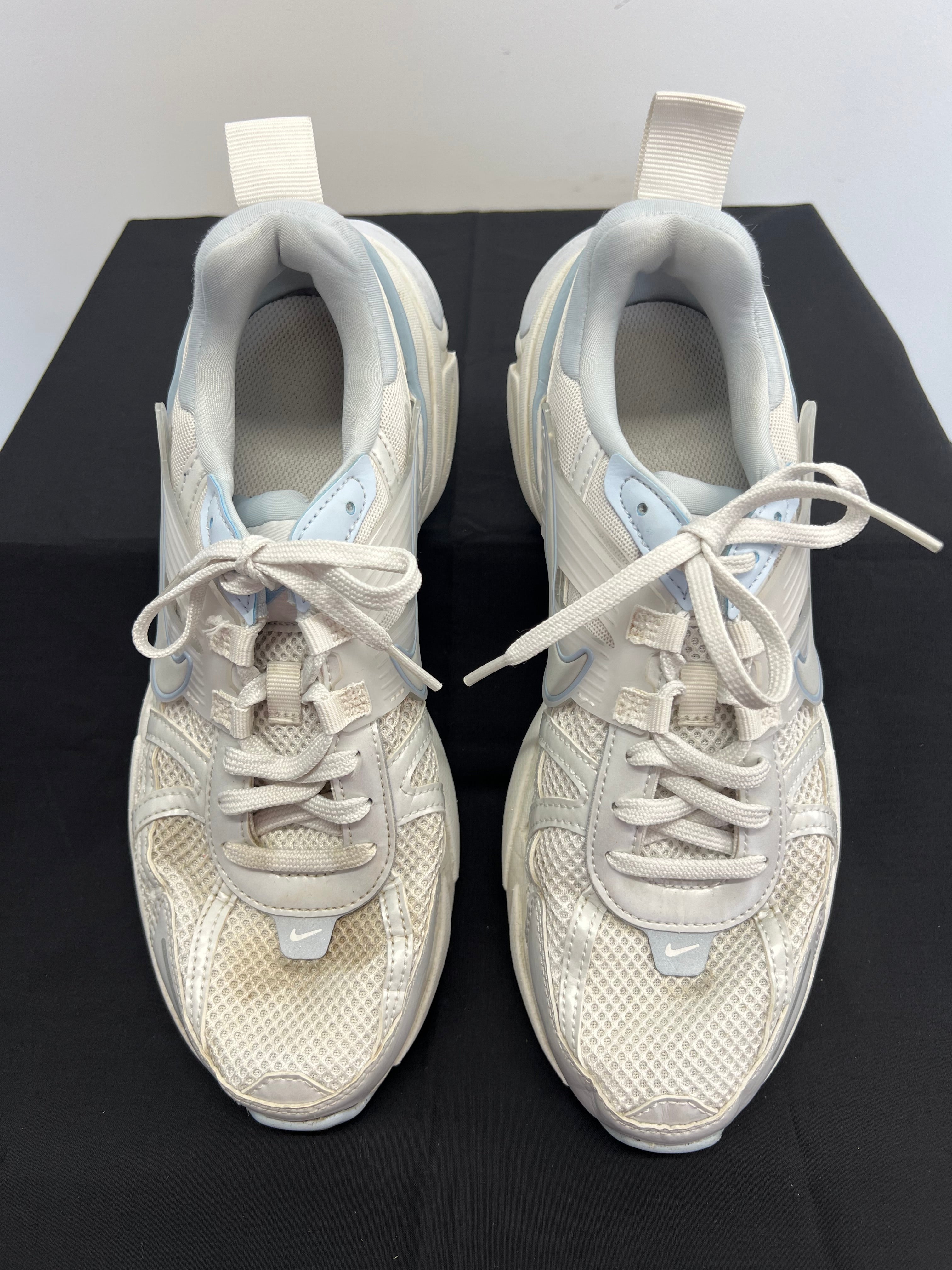 Top view of Nike V2K Run Platinum Tint trainers showing laces and mesh upper