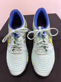 Front view of Asics FlyteFoam sports shoes in aqua with yellow logo and navy lining
