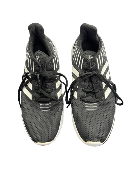 Front view of Adidas Asweerun black running trainers with white stripes and laces
