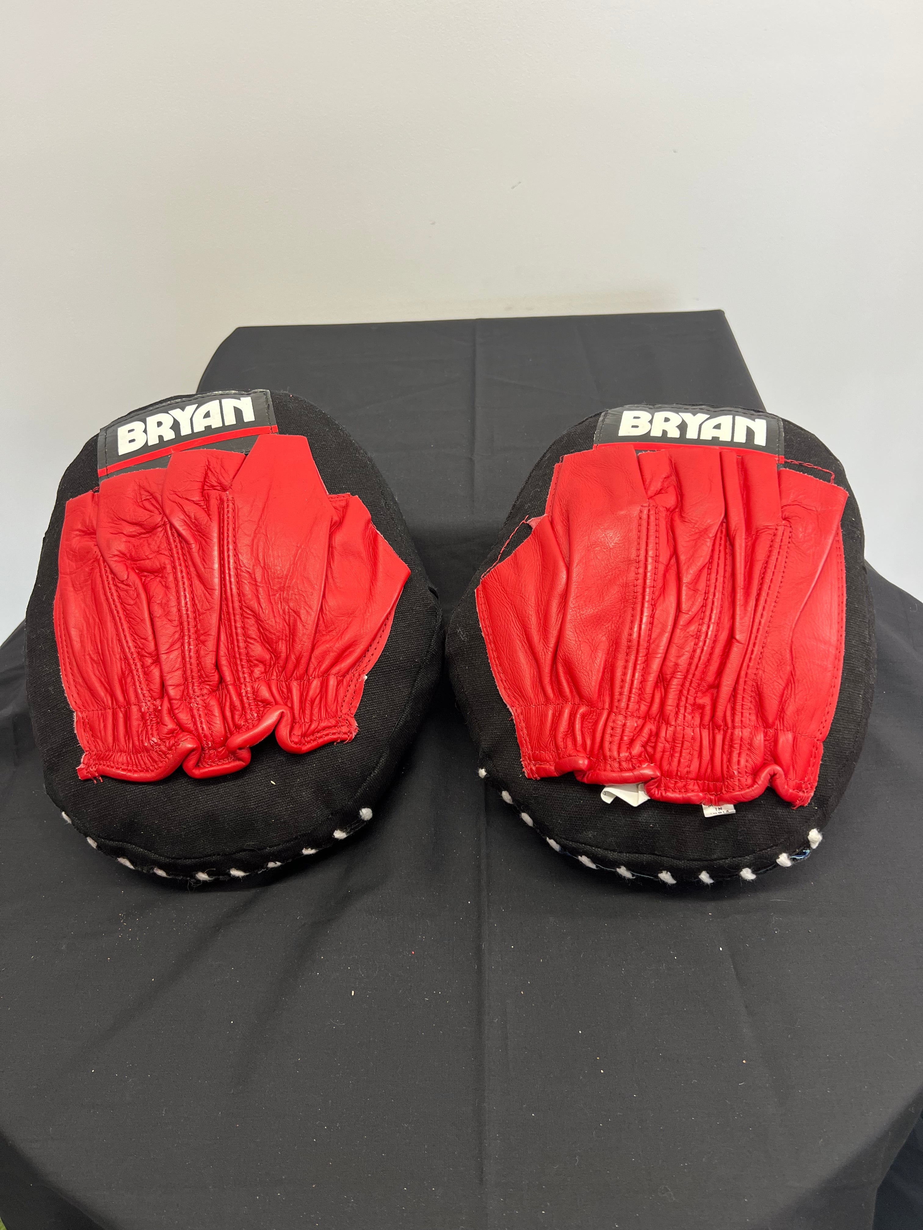 Bryan red leather sparring pads with black fabric and elasticated hand fit, front view