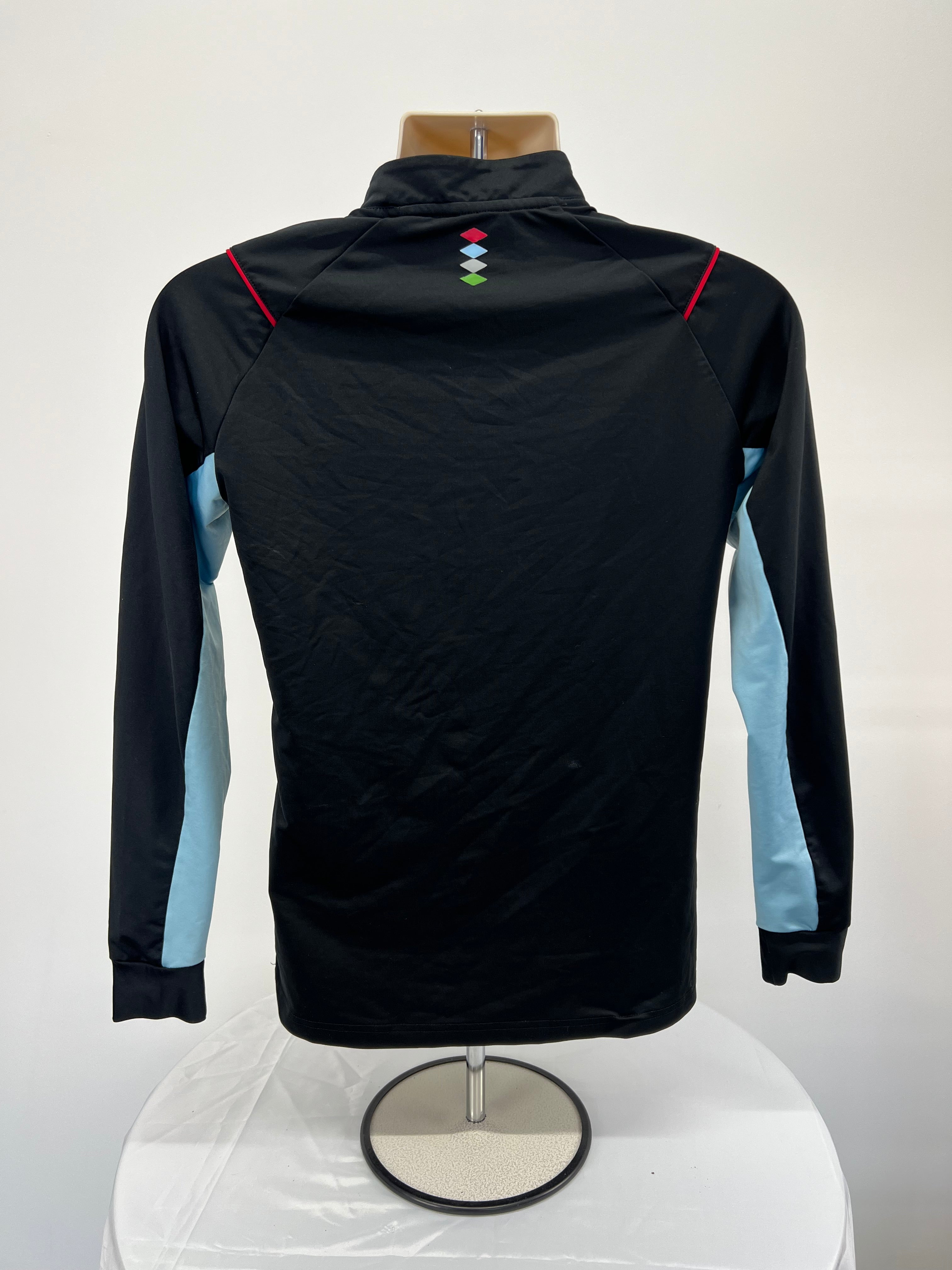 Back view of Castore Harlequins women's training top showing black fabric and coloured diamond designs on neck