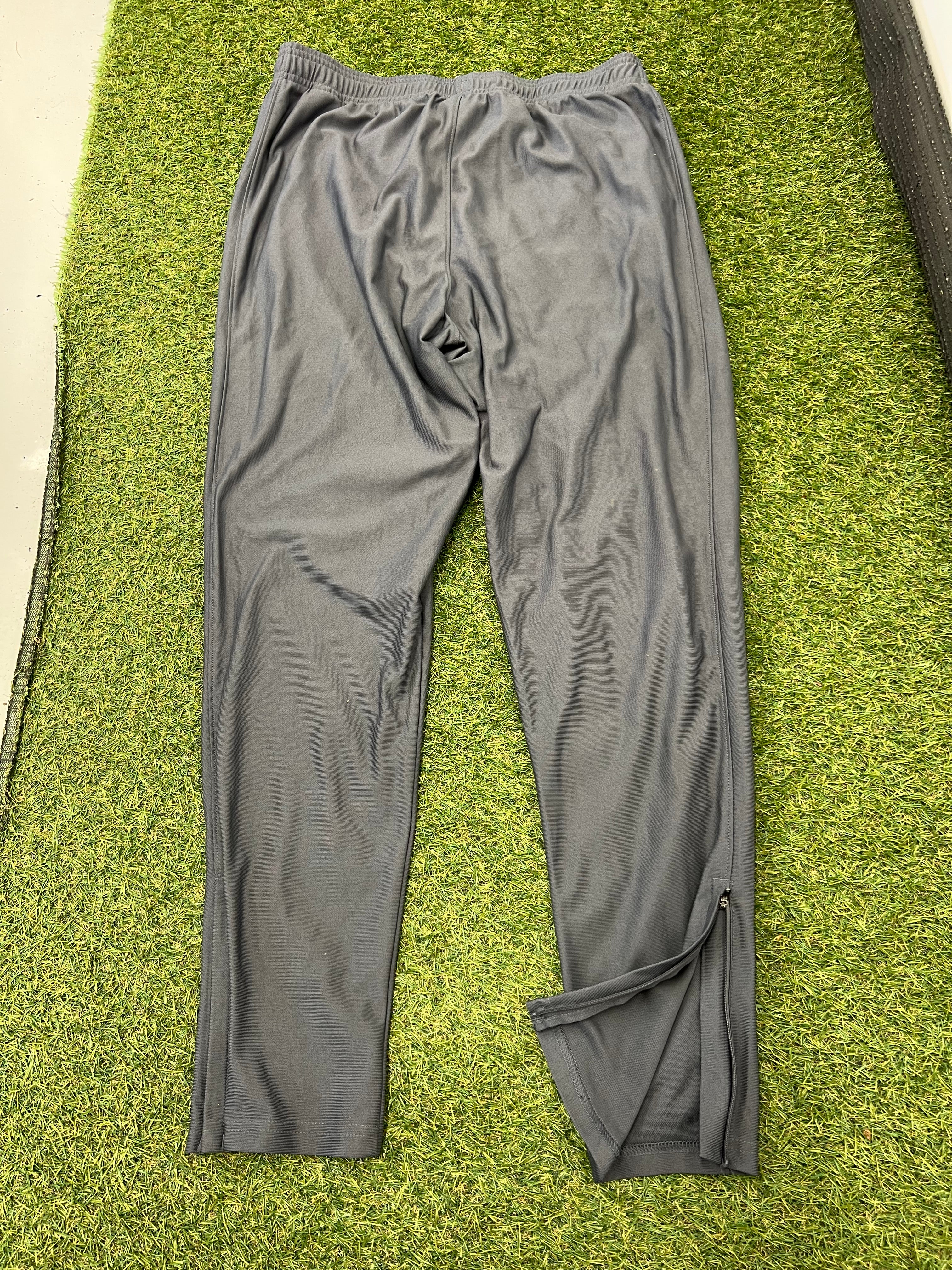Back view of Under Armour men’s grey tracksuit bottoms showing ankle zip detail
