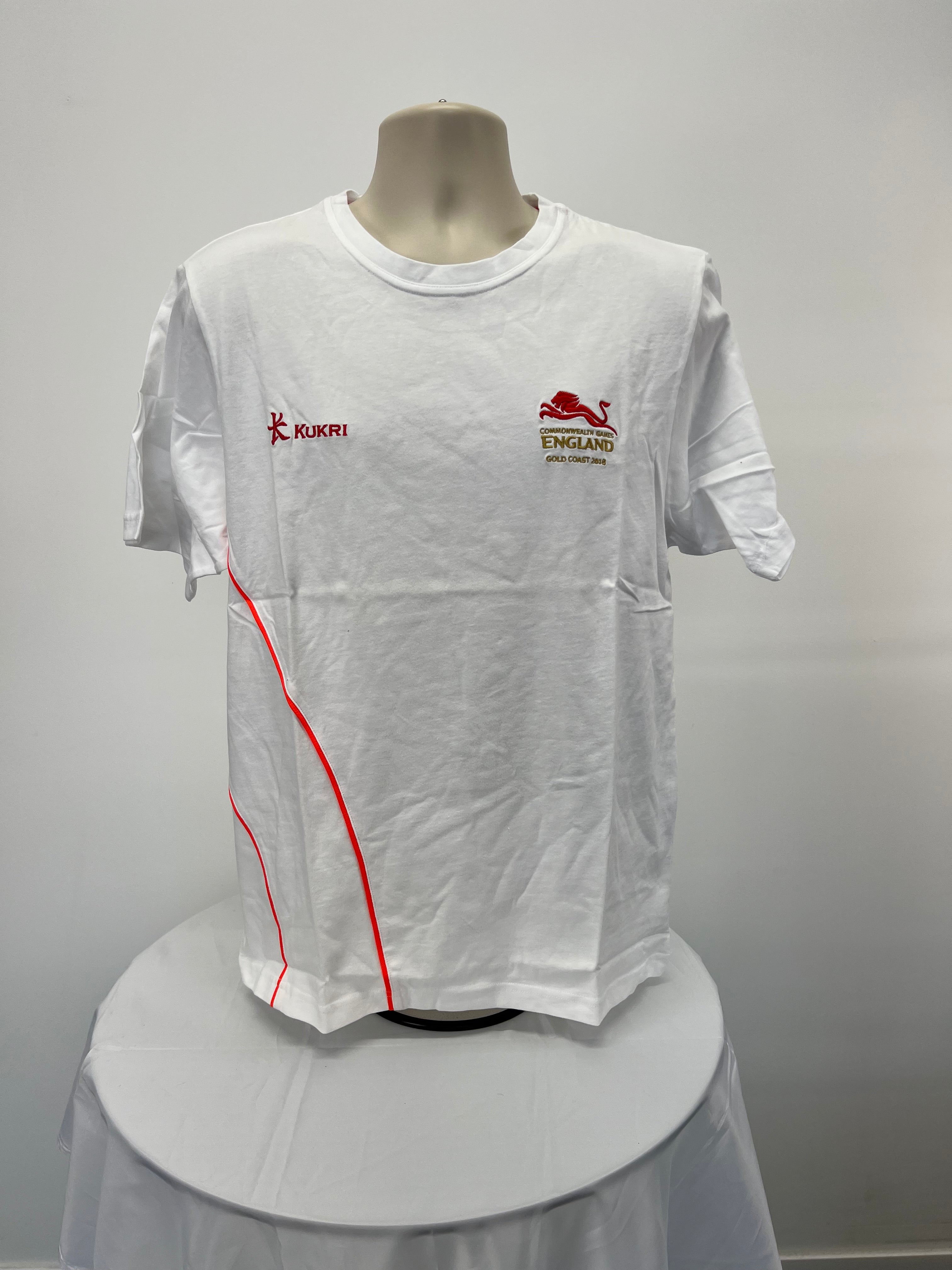 Front view of white Kukri England Commonwealth Games Gold Coast 2018 t-shirt with red logo and design lines