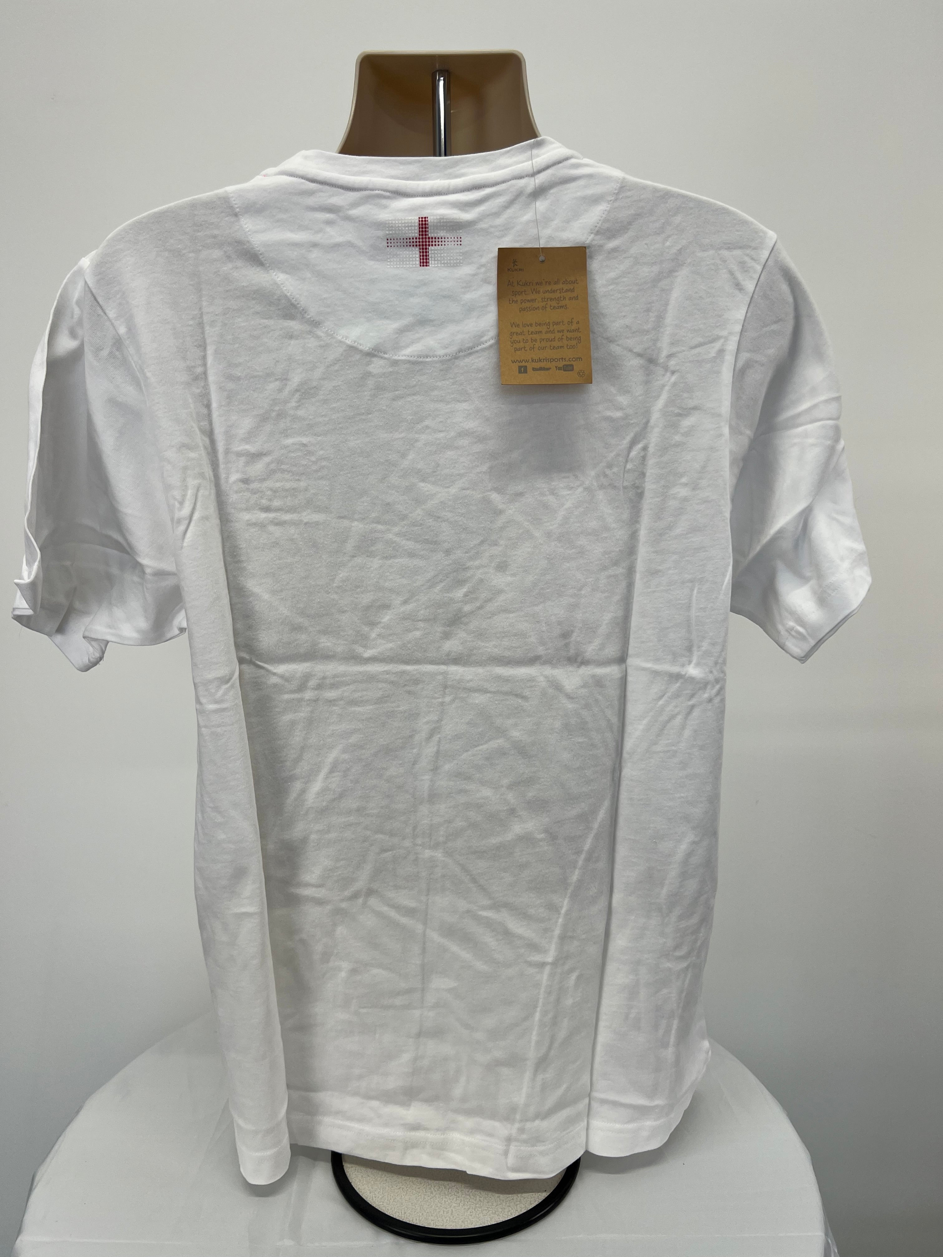 Back view of white Kukri England Commonwealth Games t-shirt showing small England flag and hanging tag