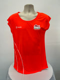 Front view of red Kukri England Commonwealth Games Gold Coast 2018 T-shirt with logos and white side lines