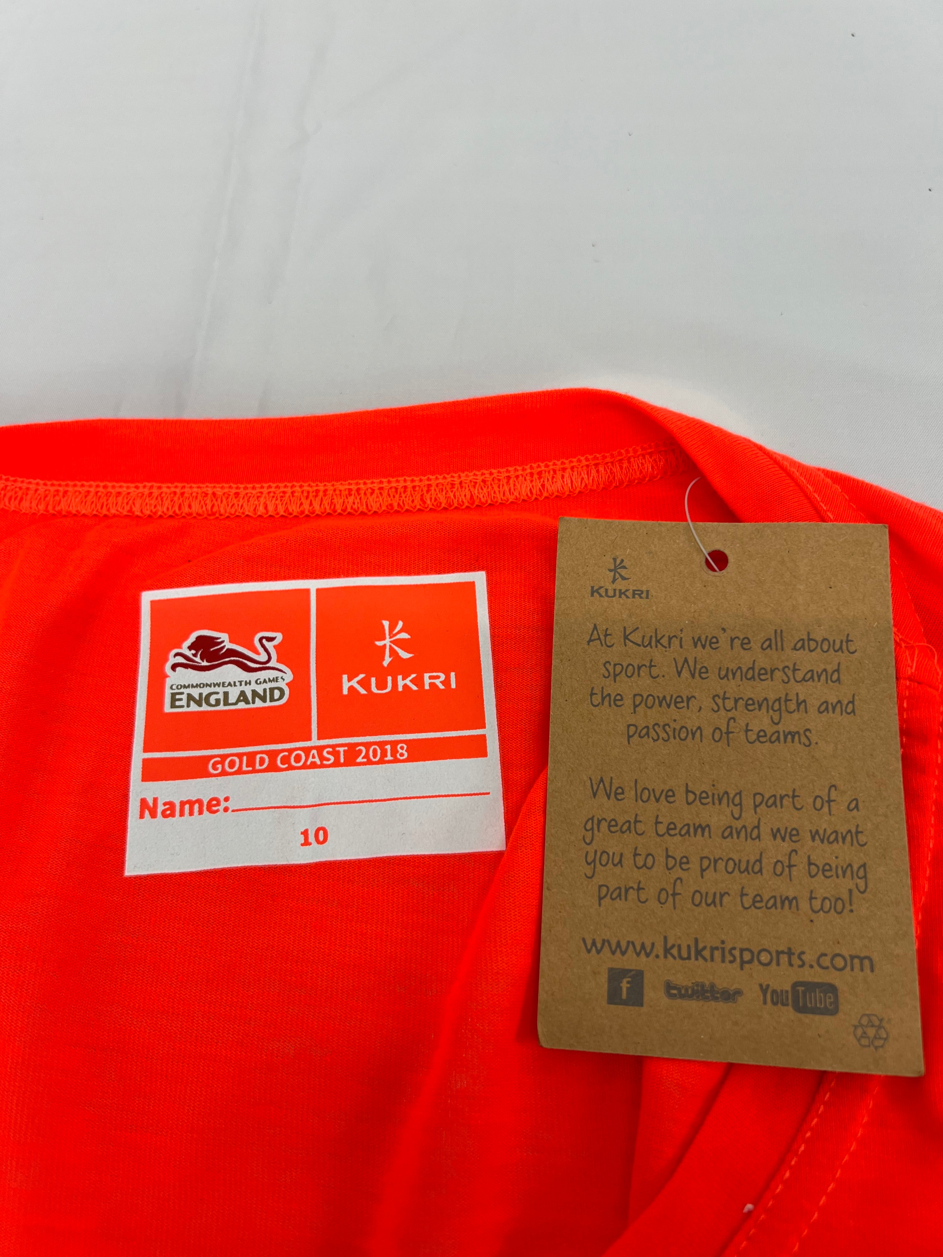 Label display inside Kukri England Commonwealth Games Gold Coast 2018 T-shirt with brand and name tag