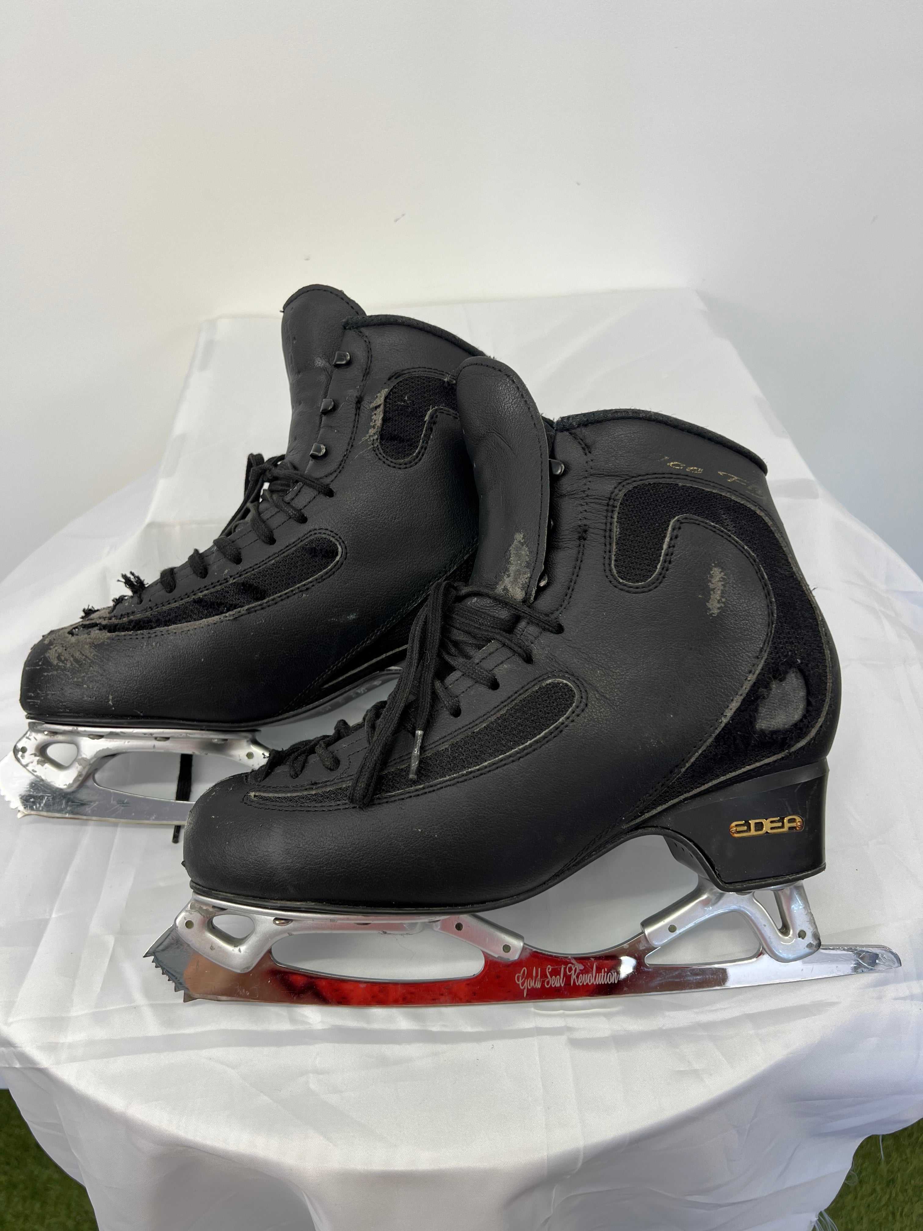 Side view of EDEA Ice Fly skates highlighting Gold Seal Revolution blades and mesh panel details
