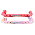 Pack of two ice skate blade guards on grass, one red and one pastel multicolour