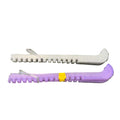Silver and purple plastic ice skate guards with adjustable clips lying on green grass