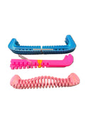 Three adjustable ice skate blade guards in blue and pink on grass