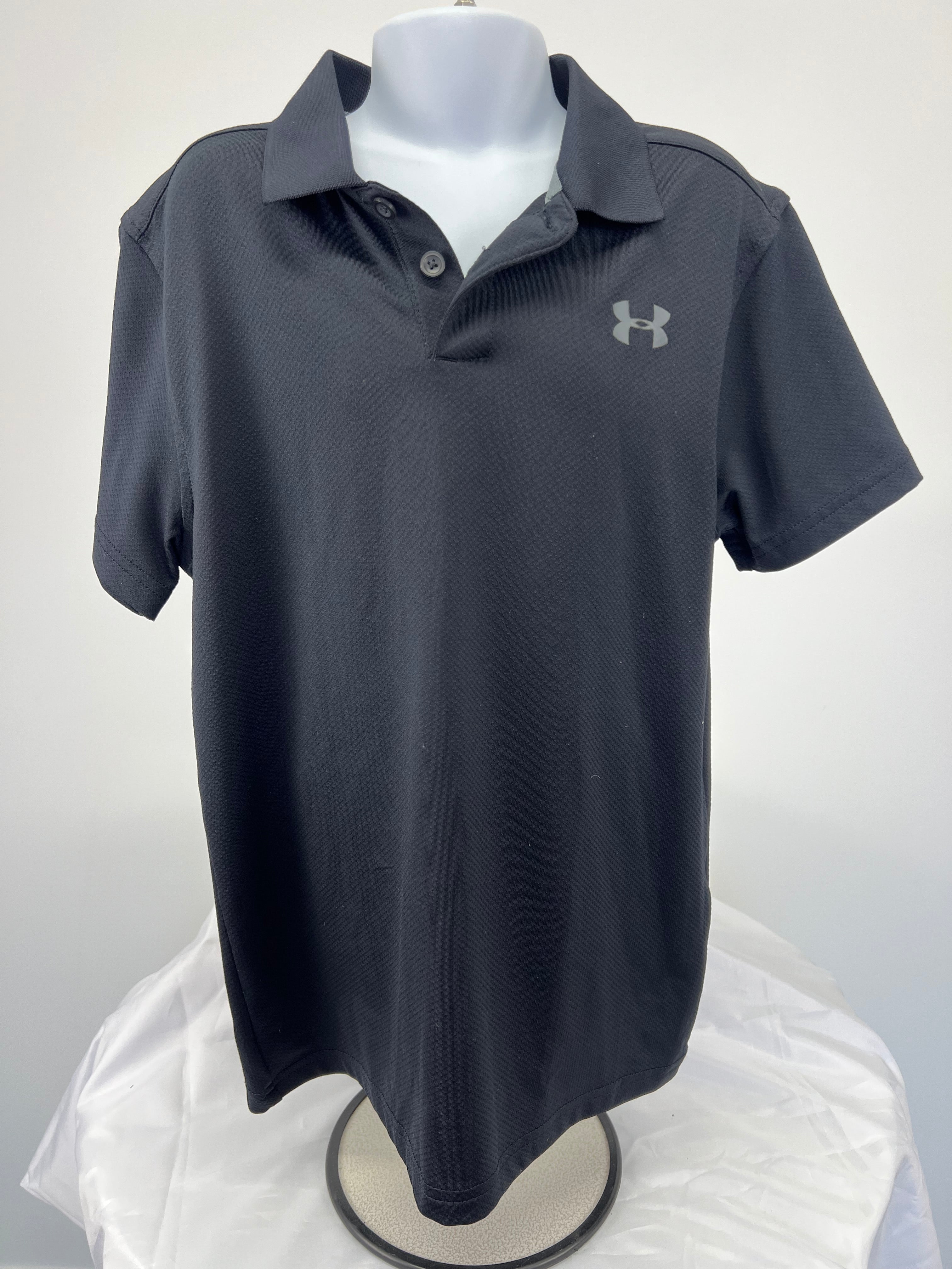 Front view of black Under Armour youth polo shirt with logo on chest