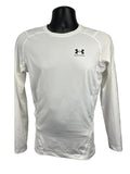 Front view of white Under Armour men’s compression base layer long sleeve shirt with logo on chest
