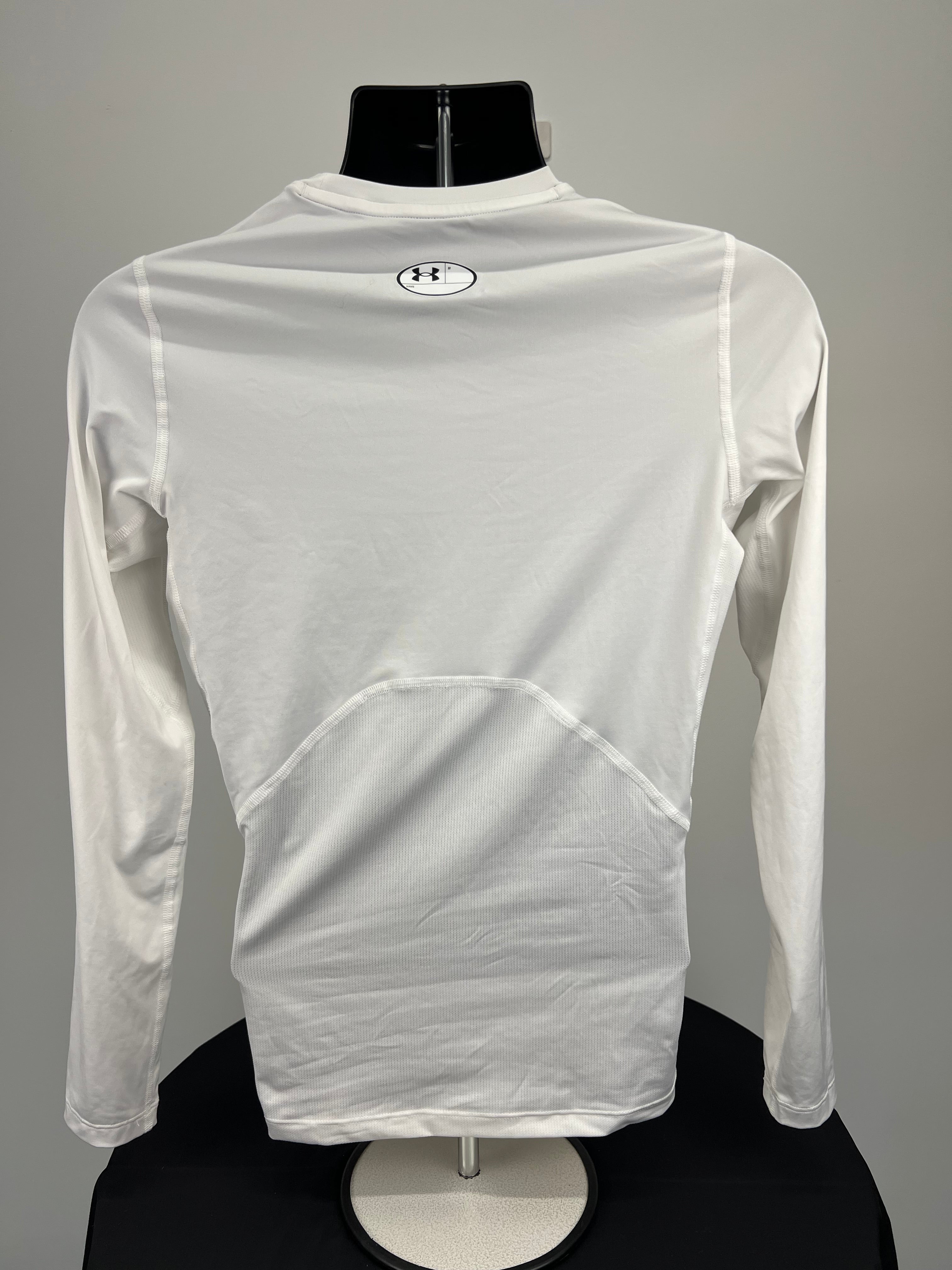 Rear view of white Under Armour men’s compression base layer long sleeve shirt showing mesh panels and logo