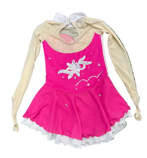 Back view of pink and cream long sleeve embellished kids ice skating dress with keyhole and zipper closure