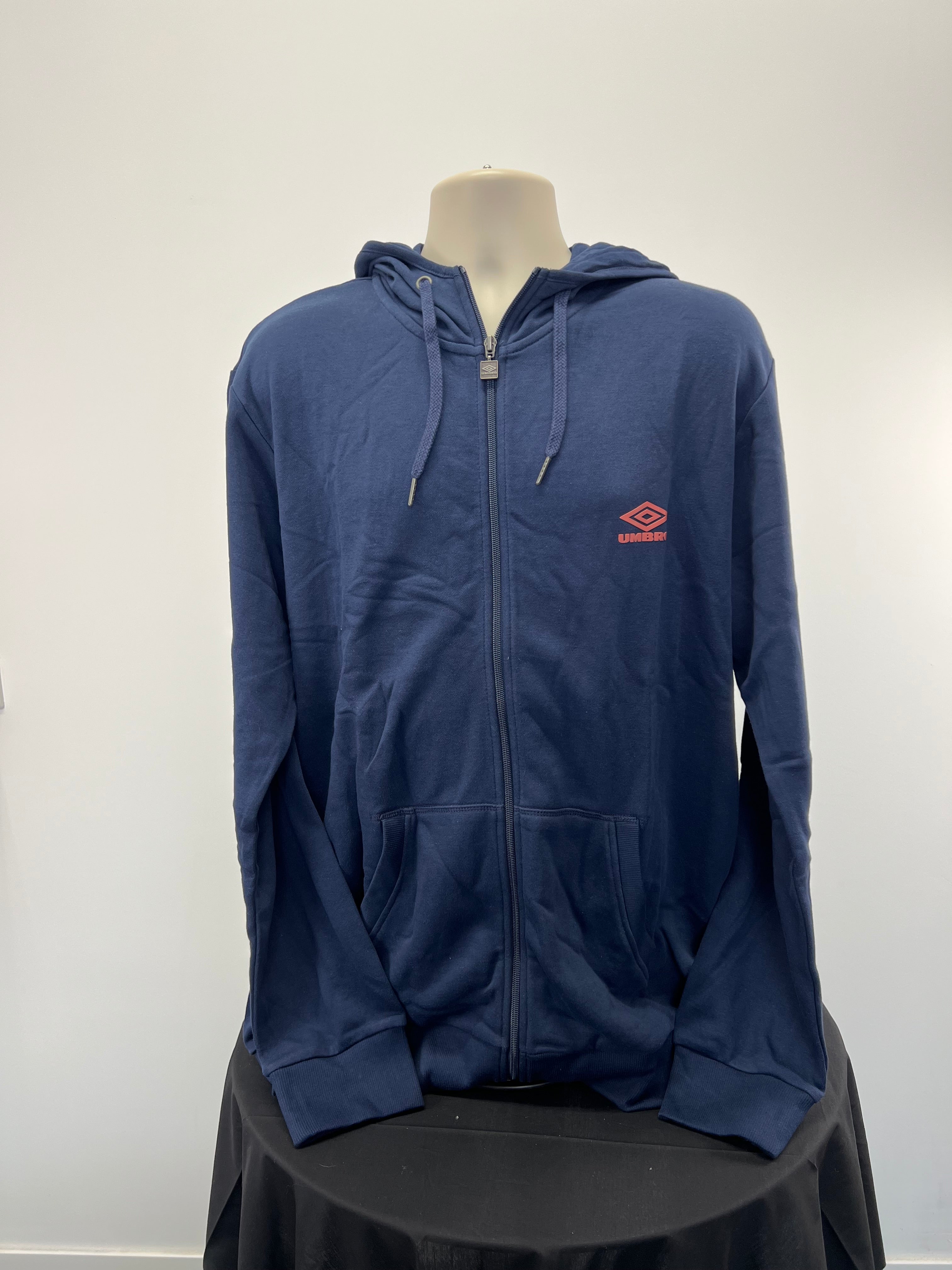 Umbro Diamond ZT hoodie in indigo blue with front zipper and hood on mannequin