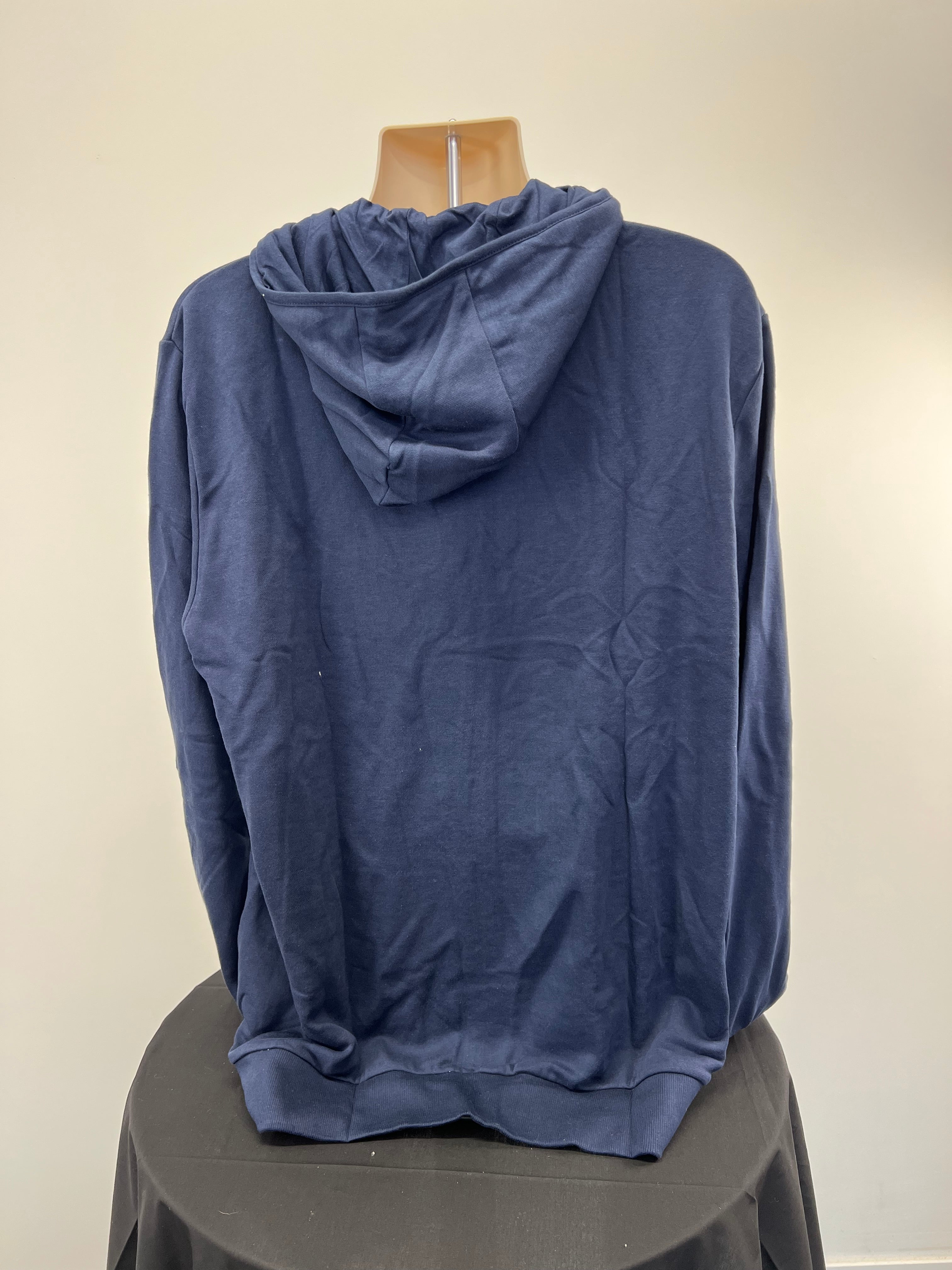 Back view of indigo Umbro hoodie showing hood and plain design