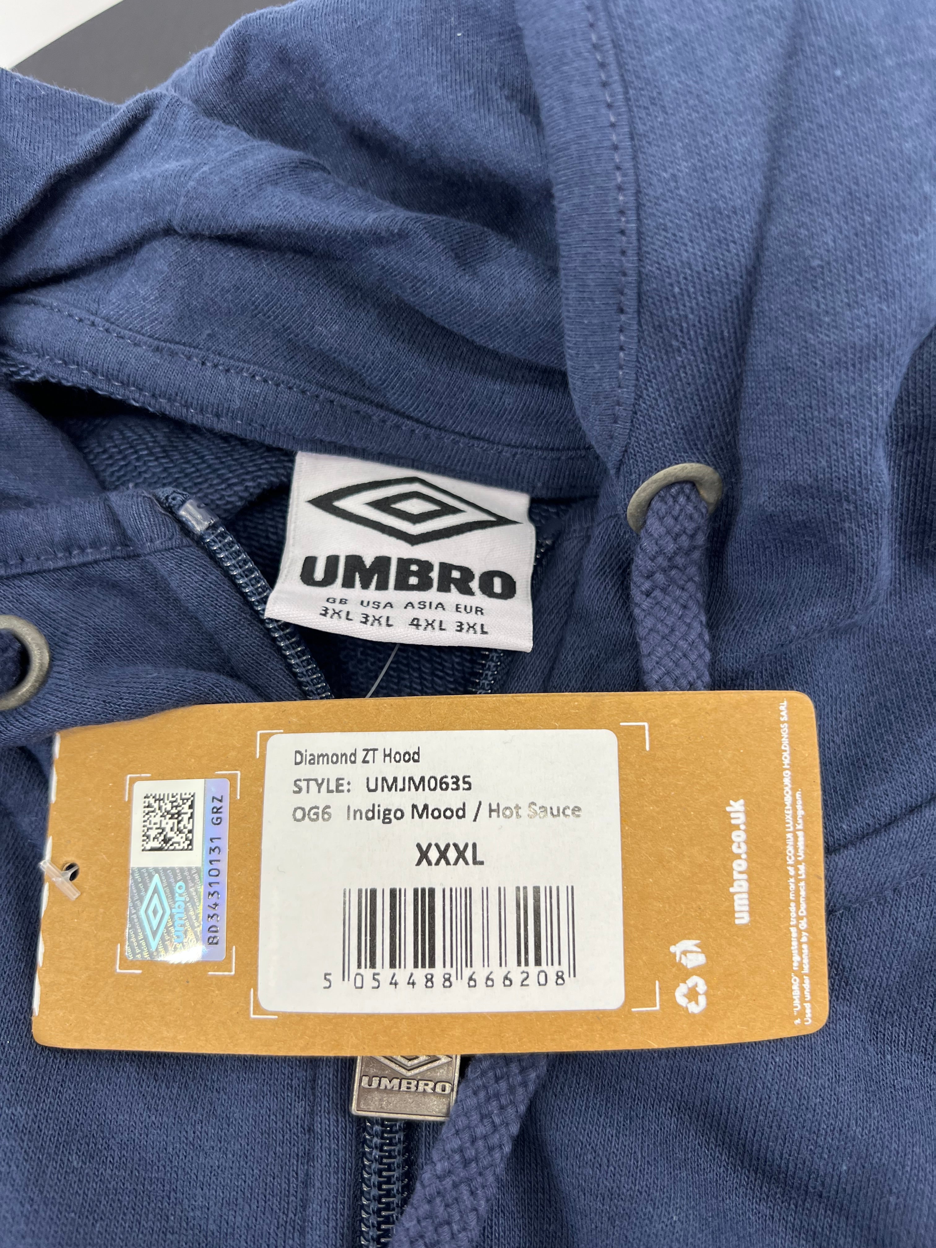 Close-up of Umbro hoodie tag and zipper pull showing size XXXL and brand logo