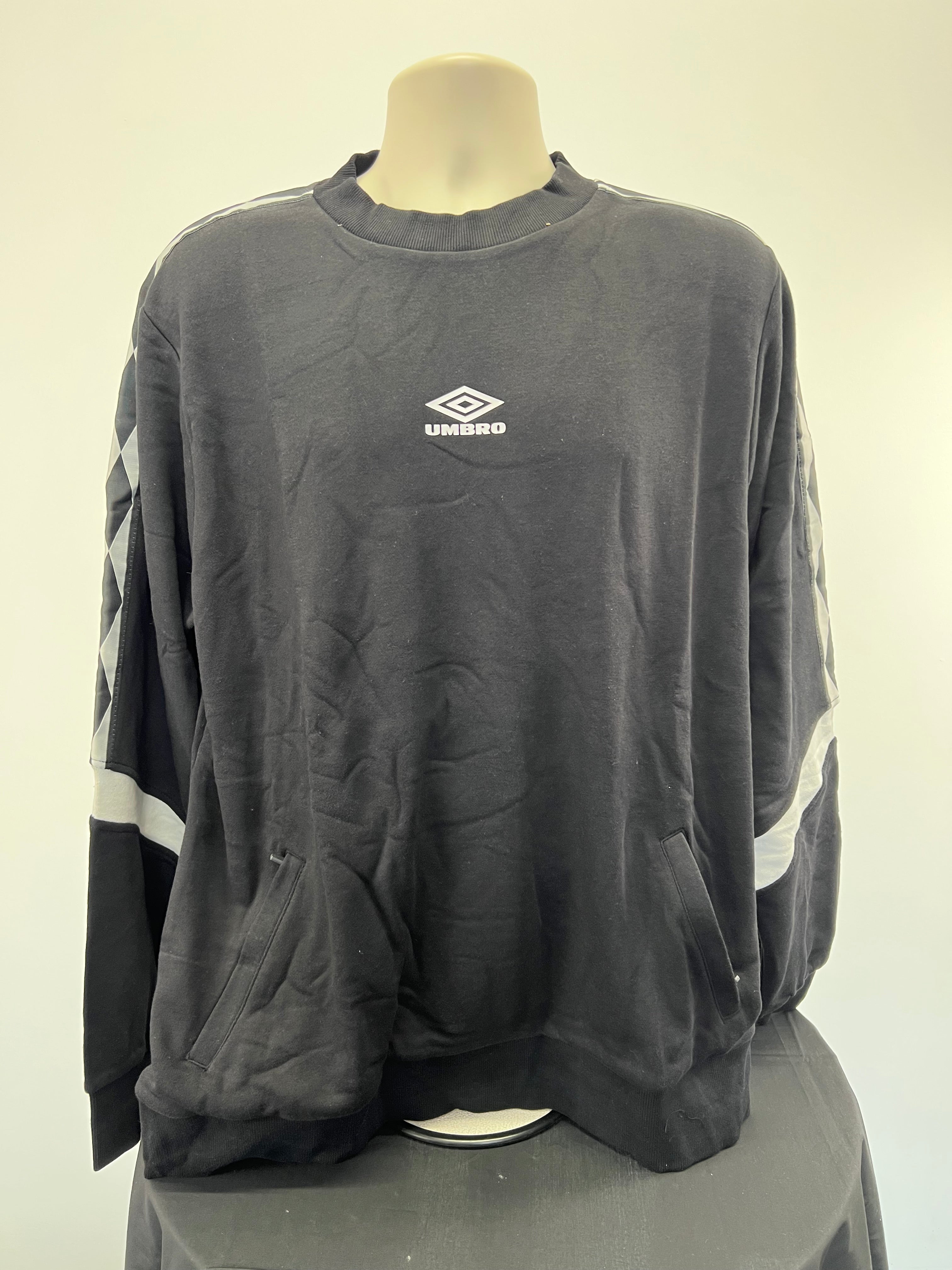 Front view of Umbro black sweatshirt with diamond taped sleeves and logo on chest