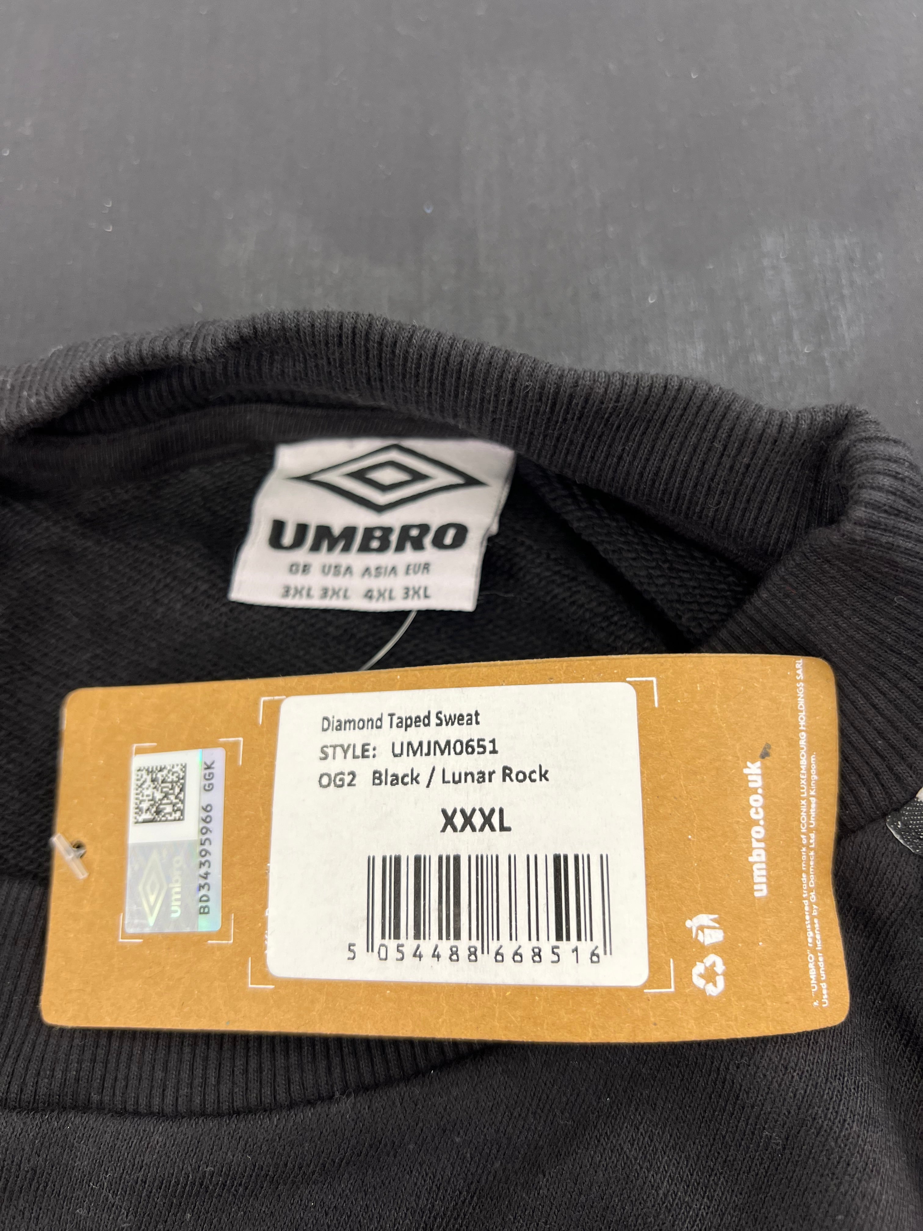 Tag close-up on neckline showing Umbro branding and product label with size XXXL