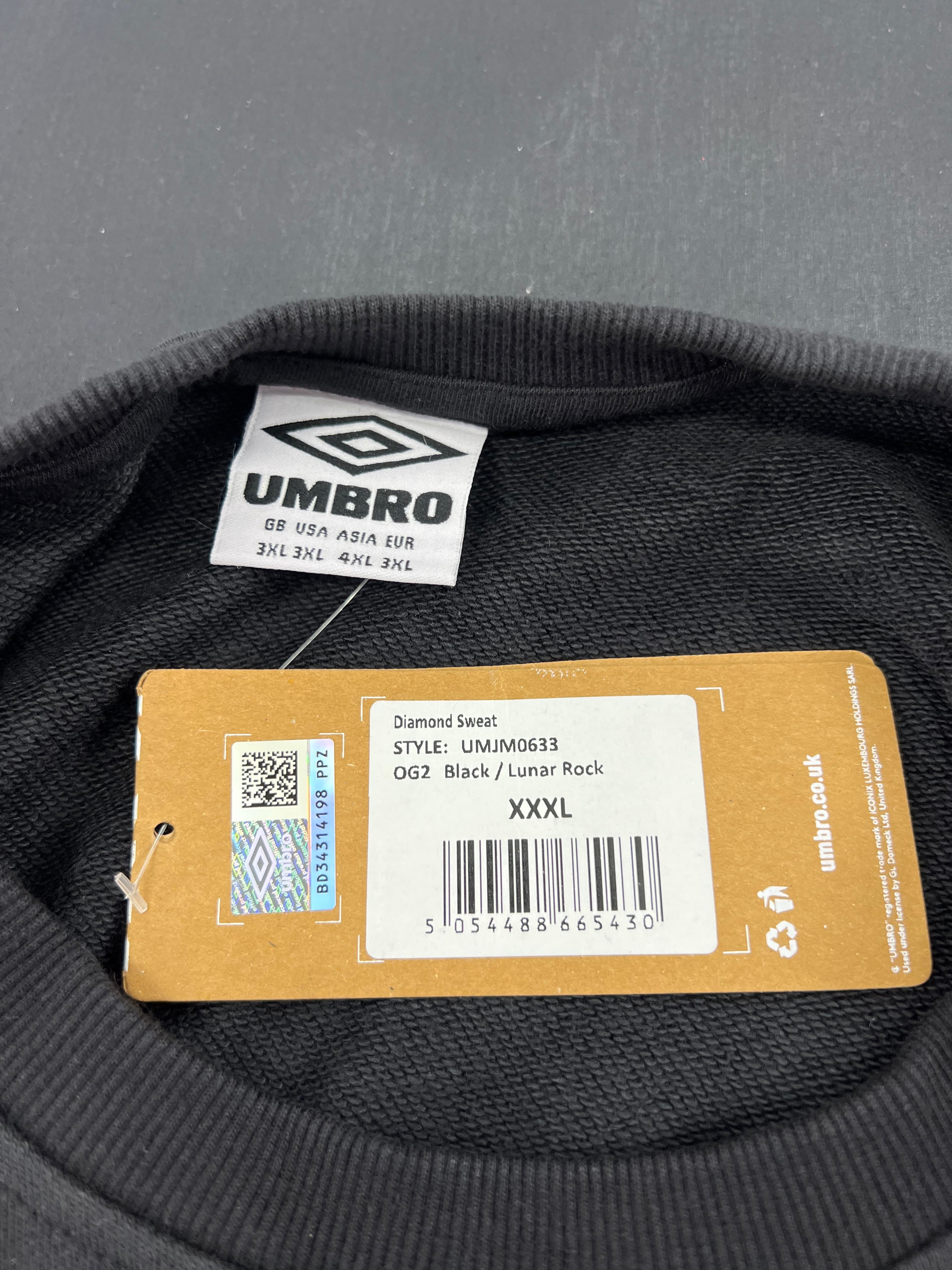 Close-up of Umbro label and product tag on black sweatshirt