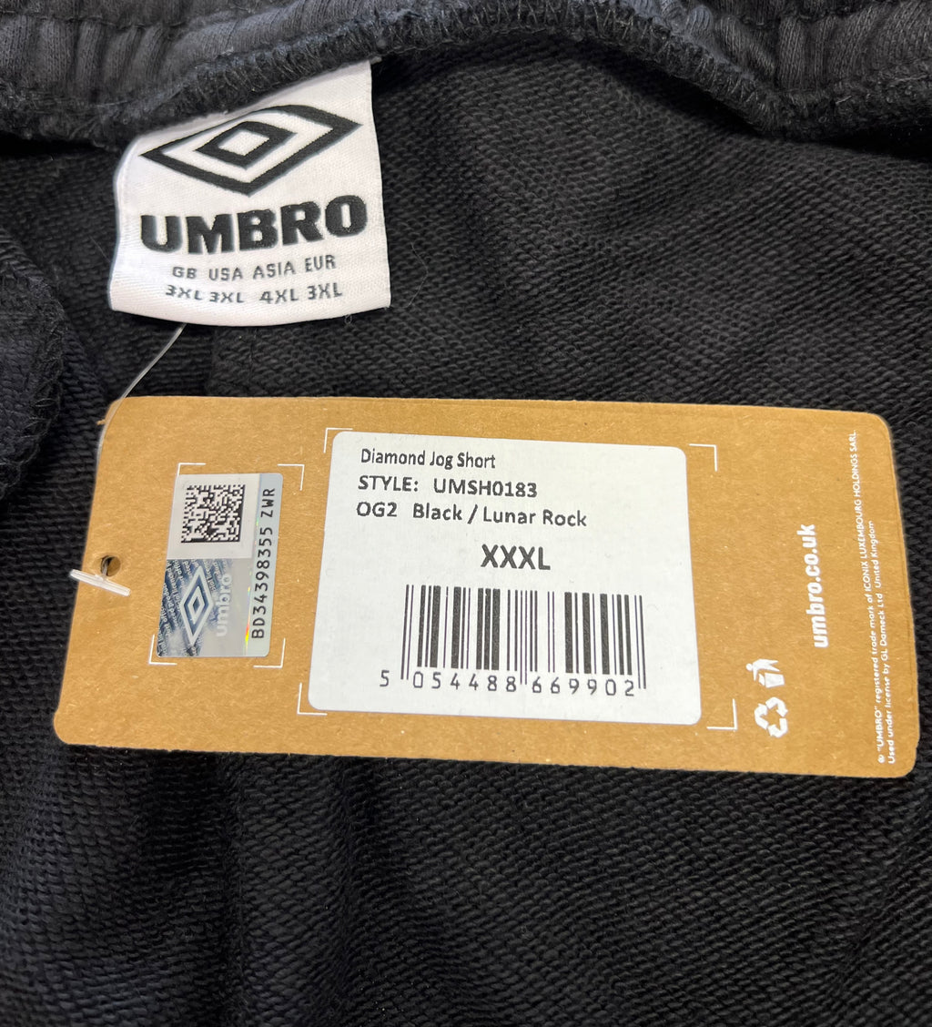 Close-up of Umbro label and product tag displaying size XXXL and style details