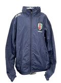 Front view of navy Youth London Irish lightweight jacket with zipper and embroidered London Irish logo