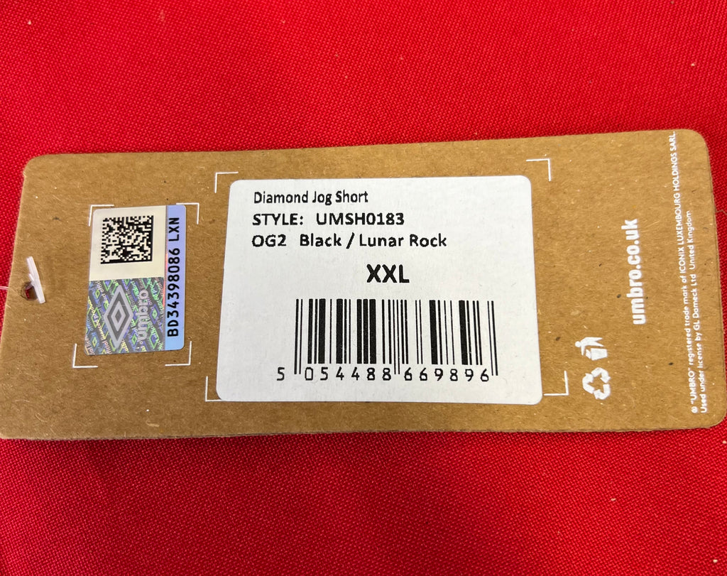 Umbro Diamond Jog Shorts product tag displaying style code UMSH0183 and size XXL