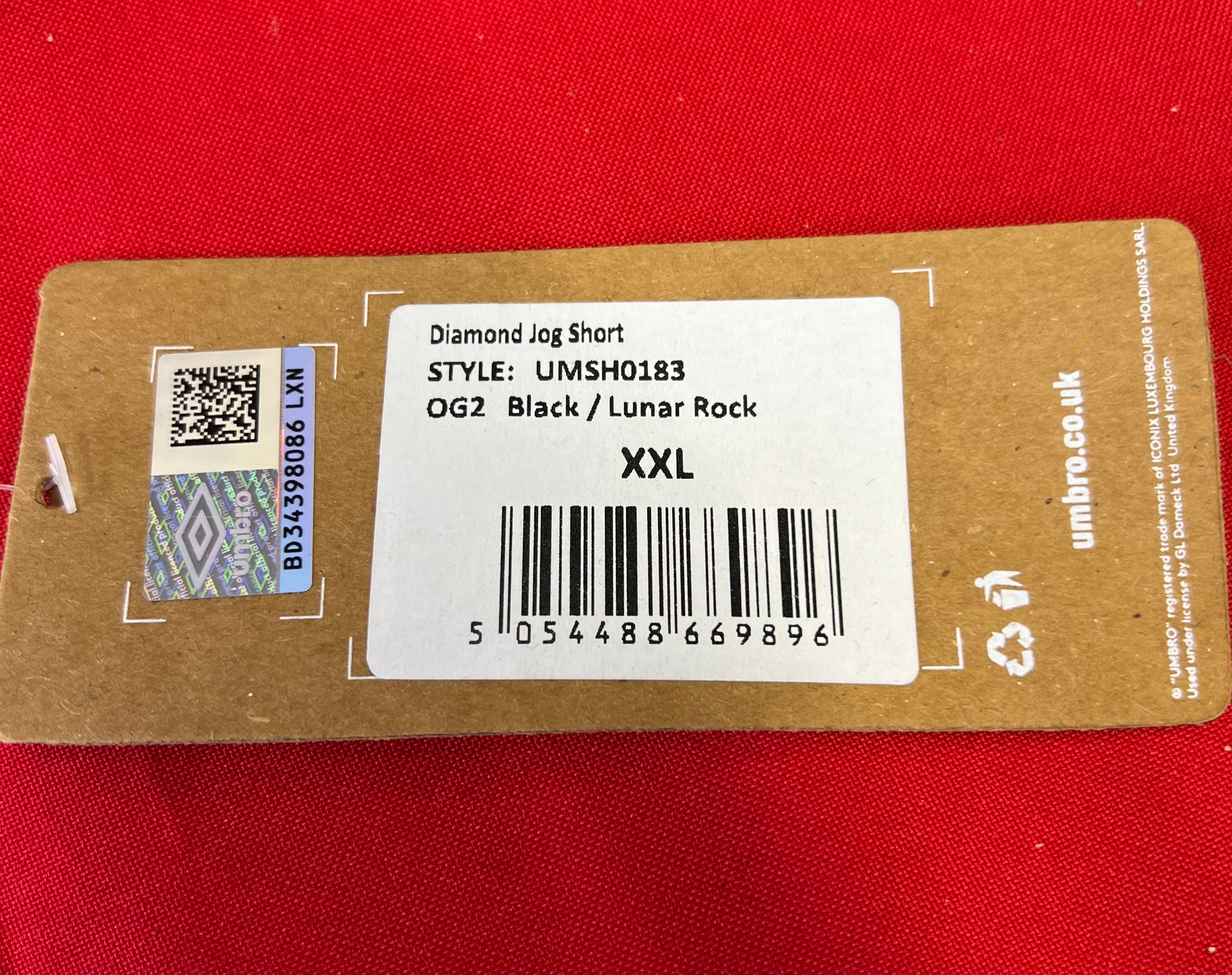 Umbro Diamond Jog Shorts product tag displaying style code UMSH0183 and size XXL