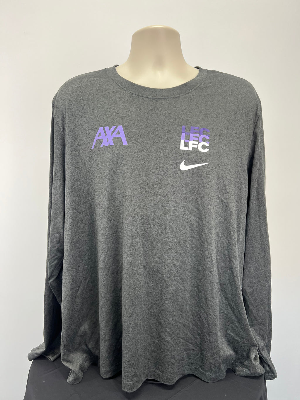 Front view of men's grey Nike Liverpool FC long sleeve training top with purple and white logos