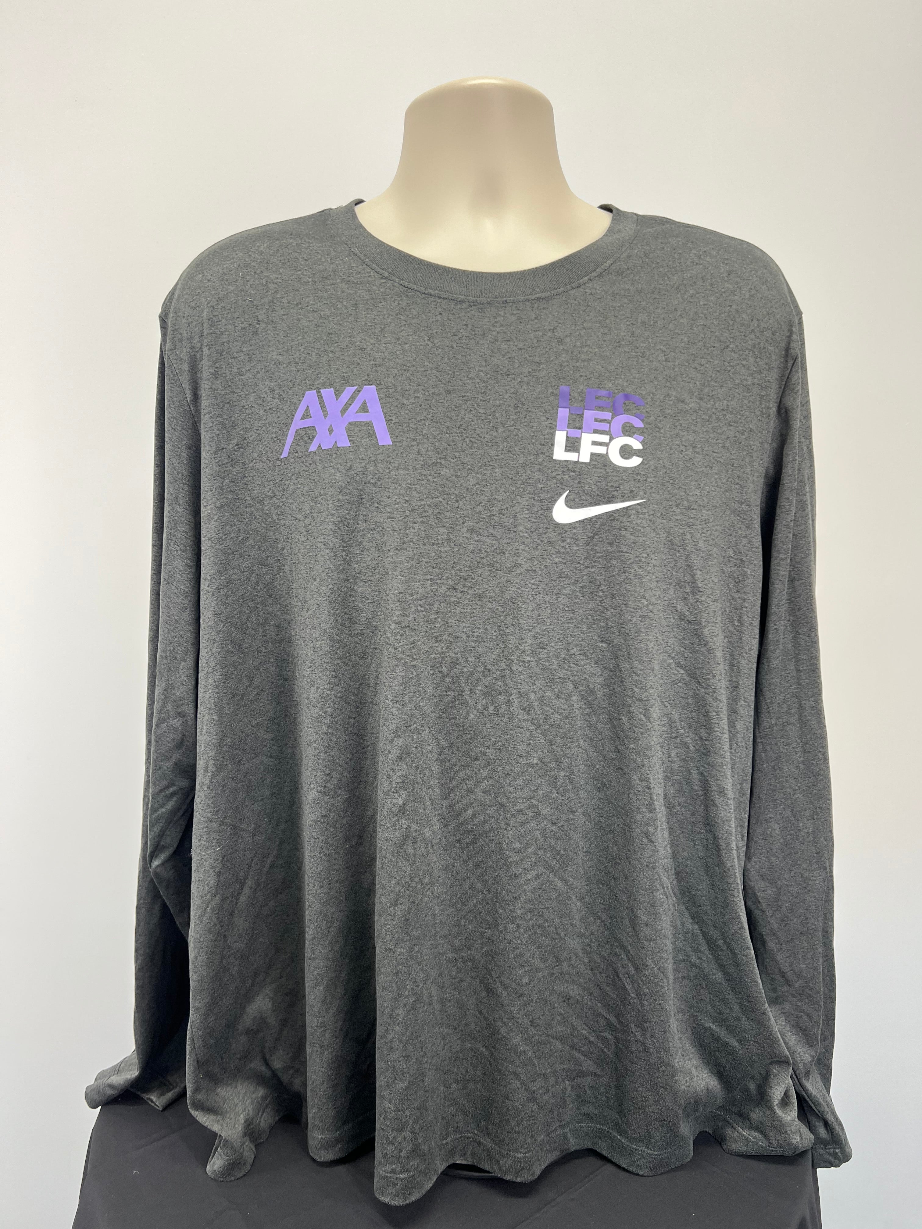 Front view of men's grey Nike Liverpool FC long sleeve training top with purple and white logos