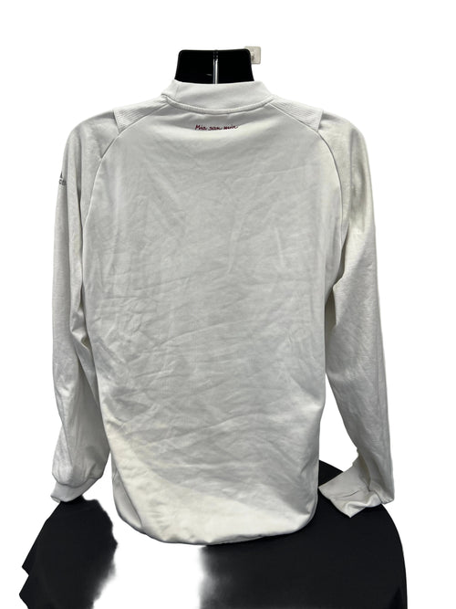 Back view of Adidas FC Bayern Munich white long sleeve top with 'Mia san mia' text
