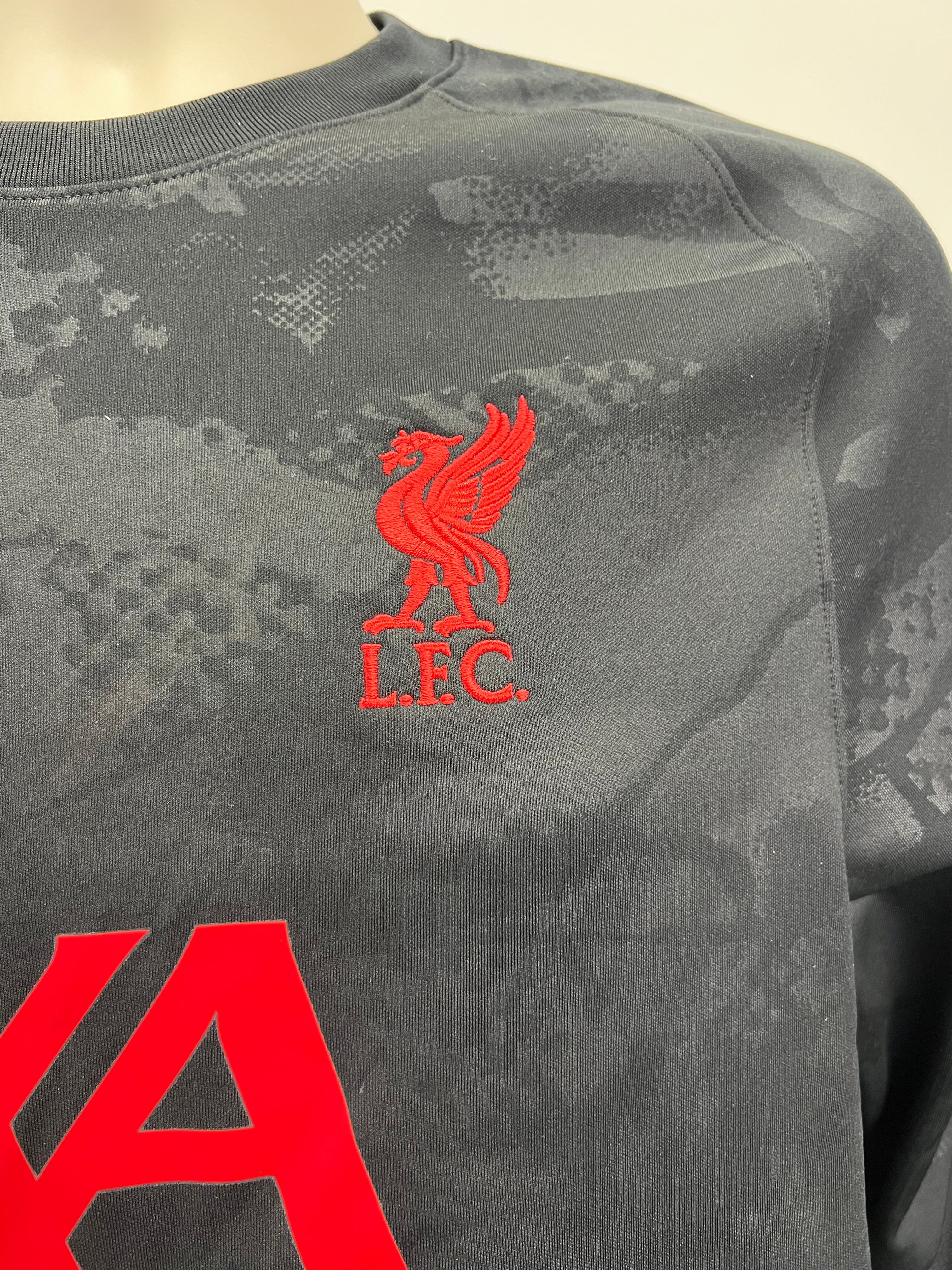 Close-up of red Liverpool FC crest and AXA sponsor logo on training top chest