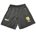 Front view of black BLK London Irish youth sports shorts with zipped pockets and logos.