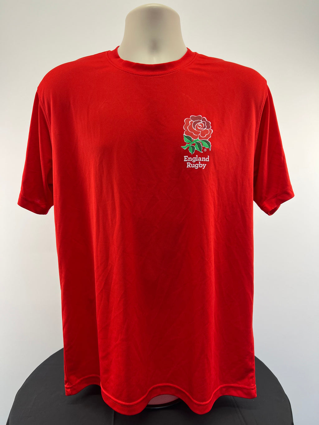Front view of England Rugby red T-shirt with embroidered red rose and text
