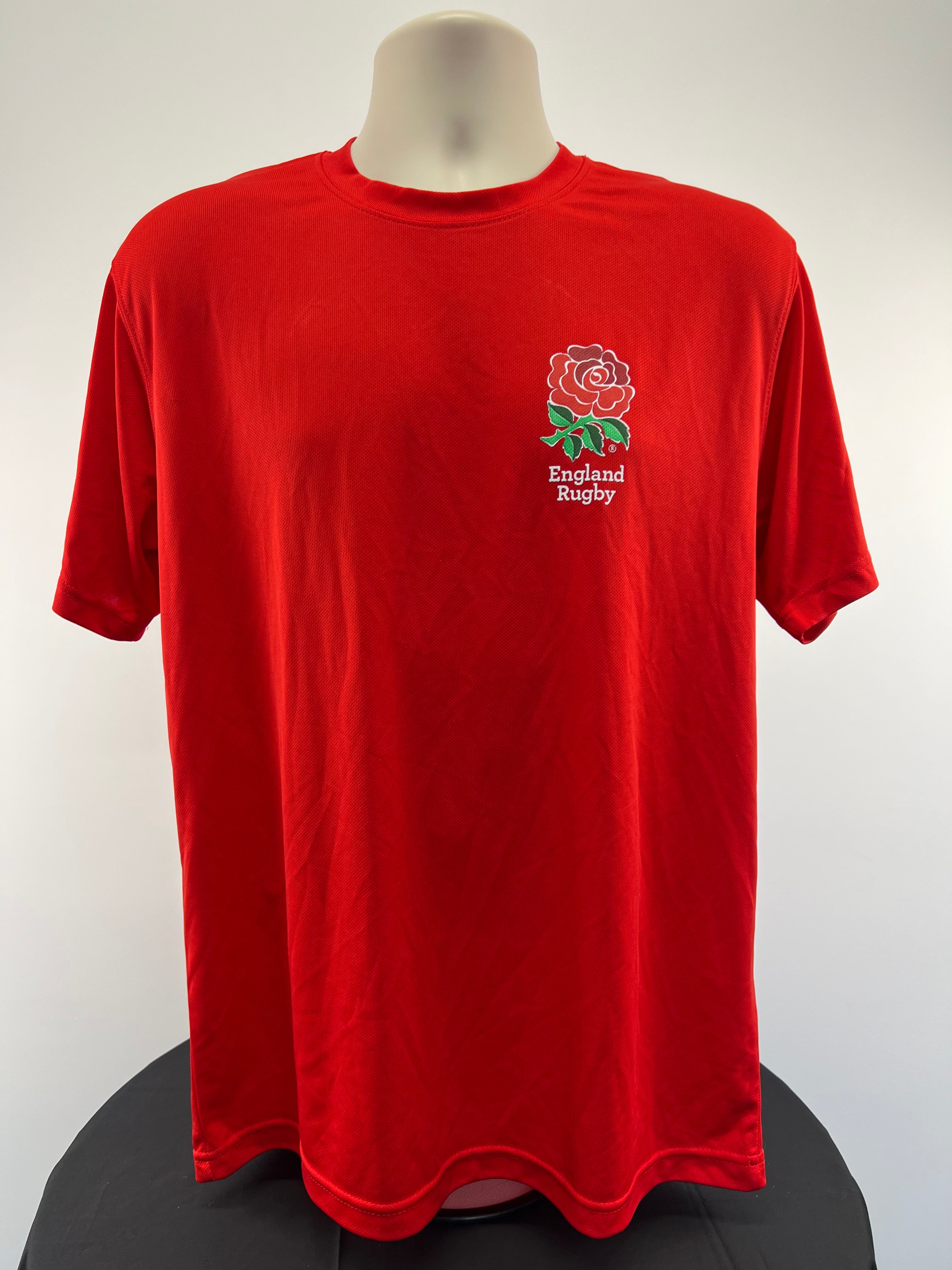 Front view of England Rugby red T-shirt with embroidered red rose and text