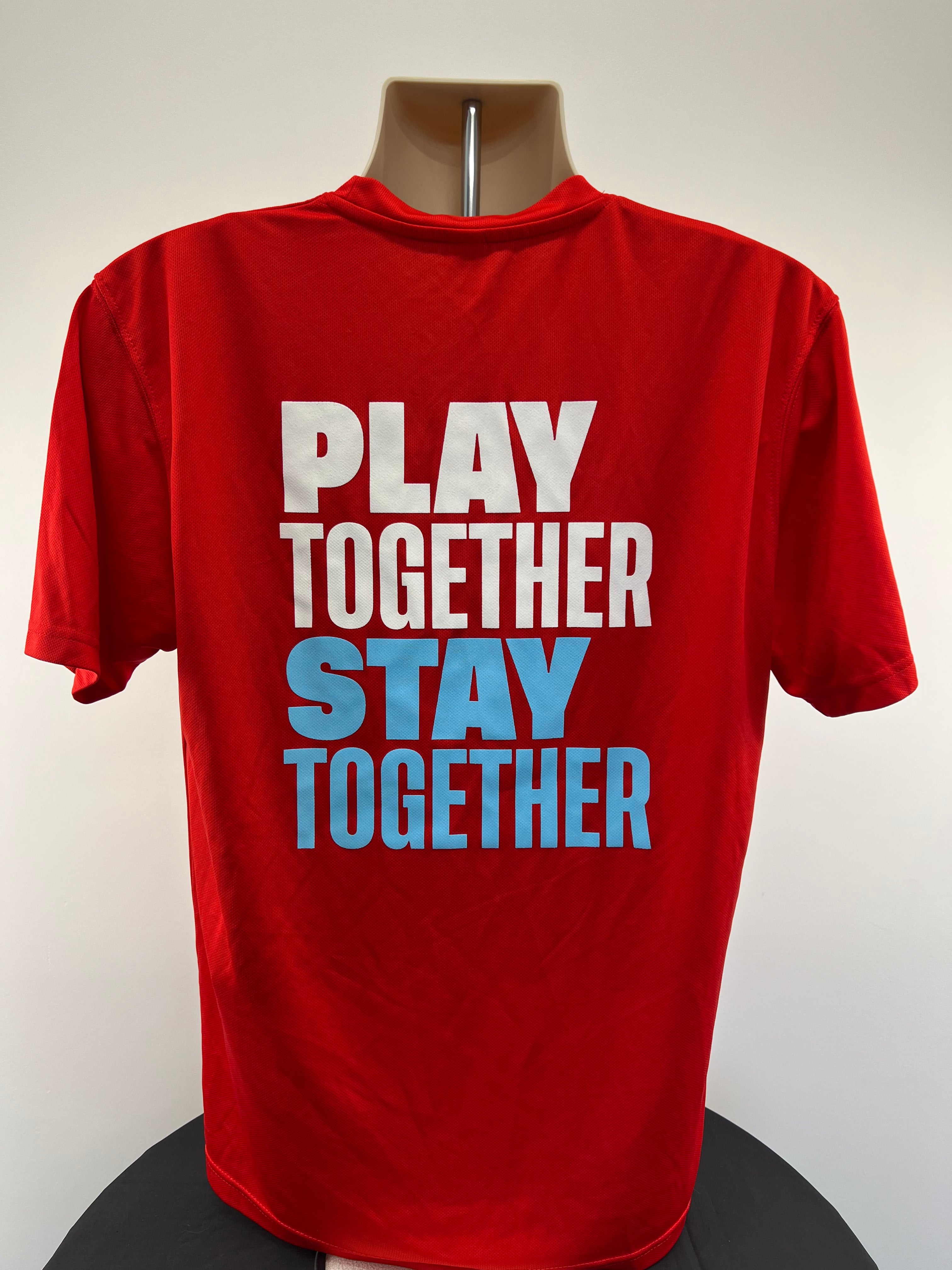 Back view of England Rugby red T-shirt with 'PLAY TOGETHER STAY TOGETHER' slogan in white and blue letters
