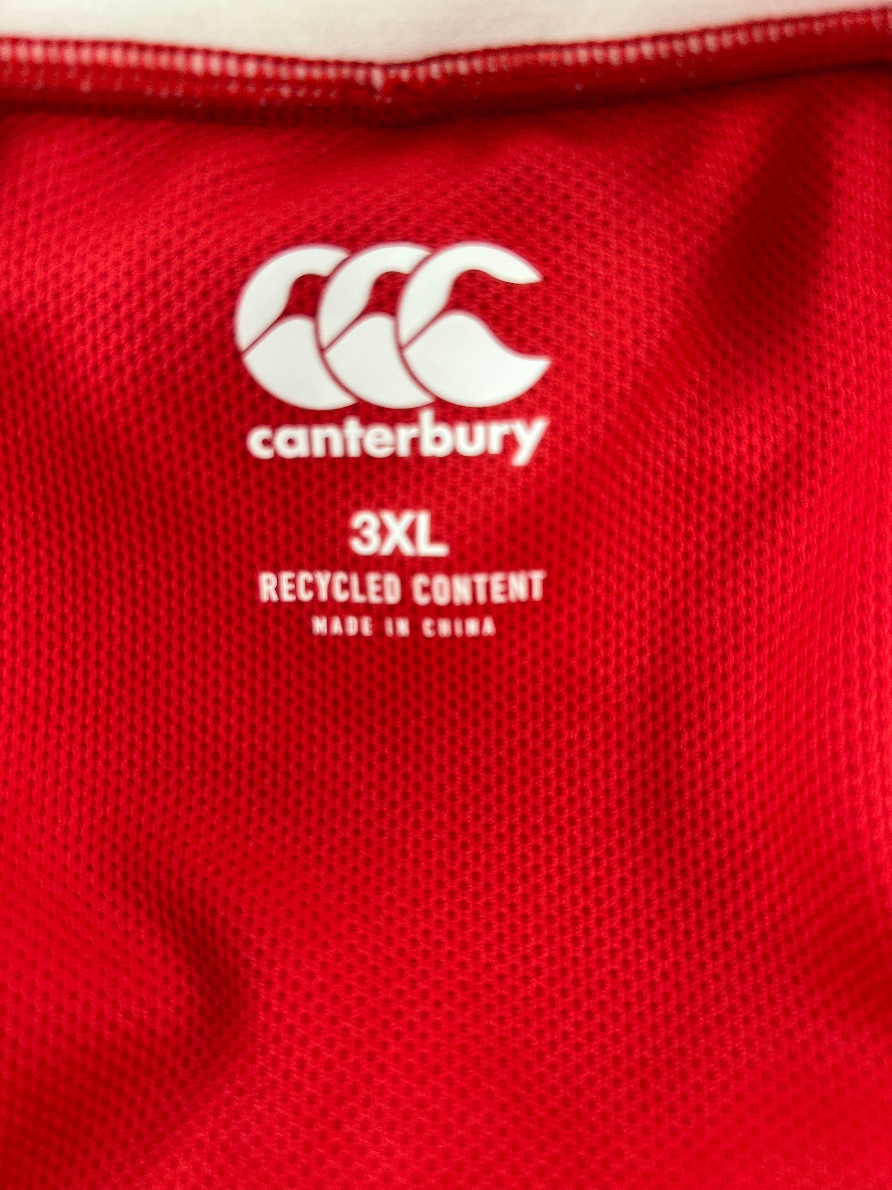 Label inside Canterbury Lions Rugby Shirt showing size 3XL and recycled content