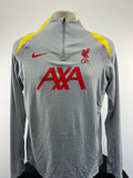 Front view of Liverpool FC grey long sleeve training top with yellow shoulder detail and red logos