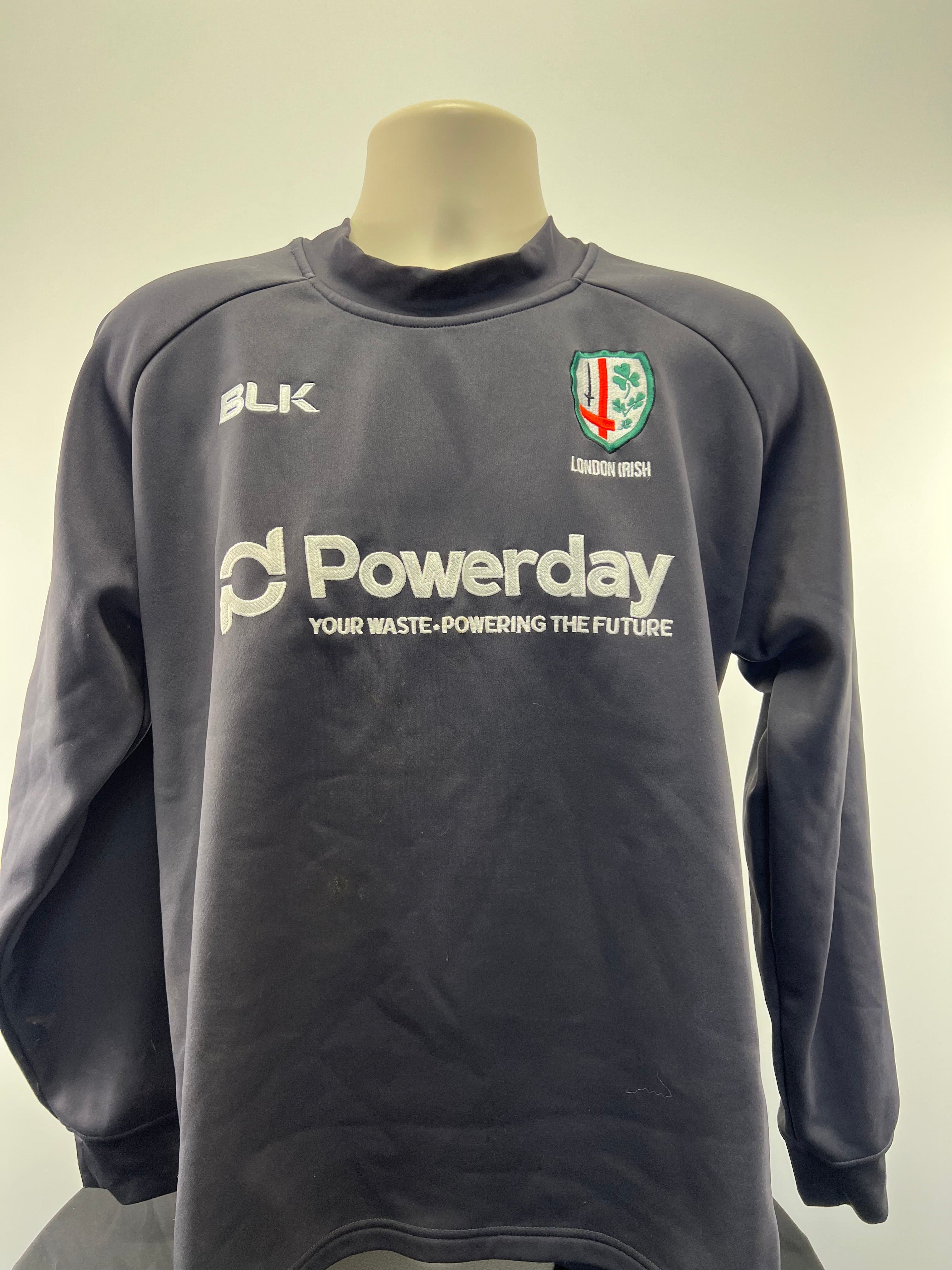 Front view of London Irish BLK rugby sweatshirt with team and sponsor logos