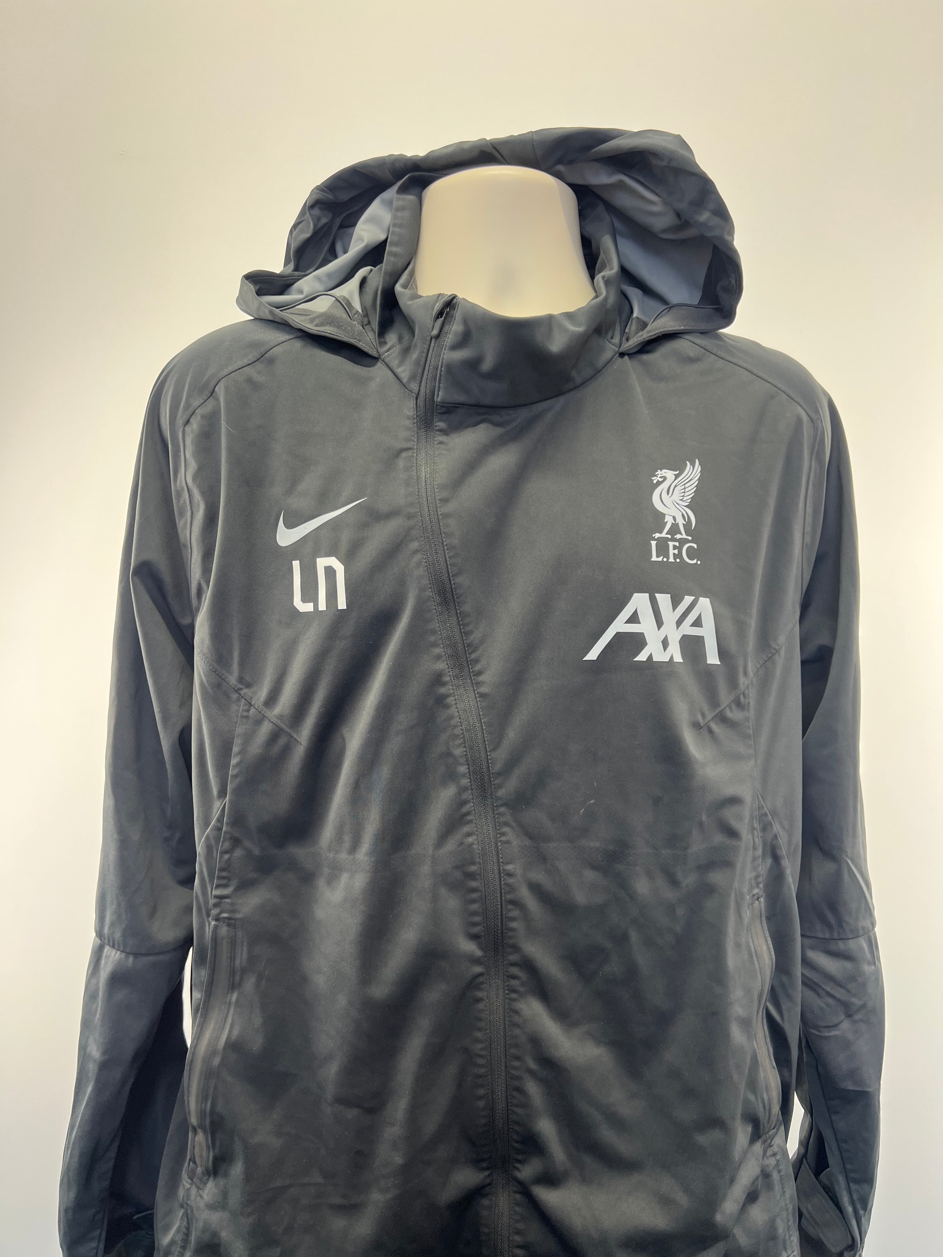 Front view of Liverpool FC dark grey Nike Storm-FIT jacket with hood, full zip, Liverpool FC and AXA logos