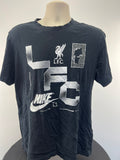 Front view of black Liverpool FC Nike T-shirt with white LFC letters and football graphics