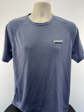 Front view of Superdry men's blue sports t-shirt with small logo on chest