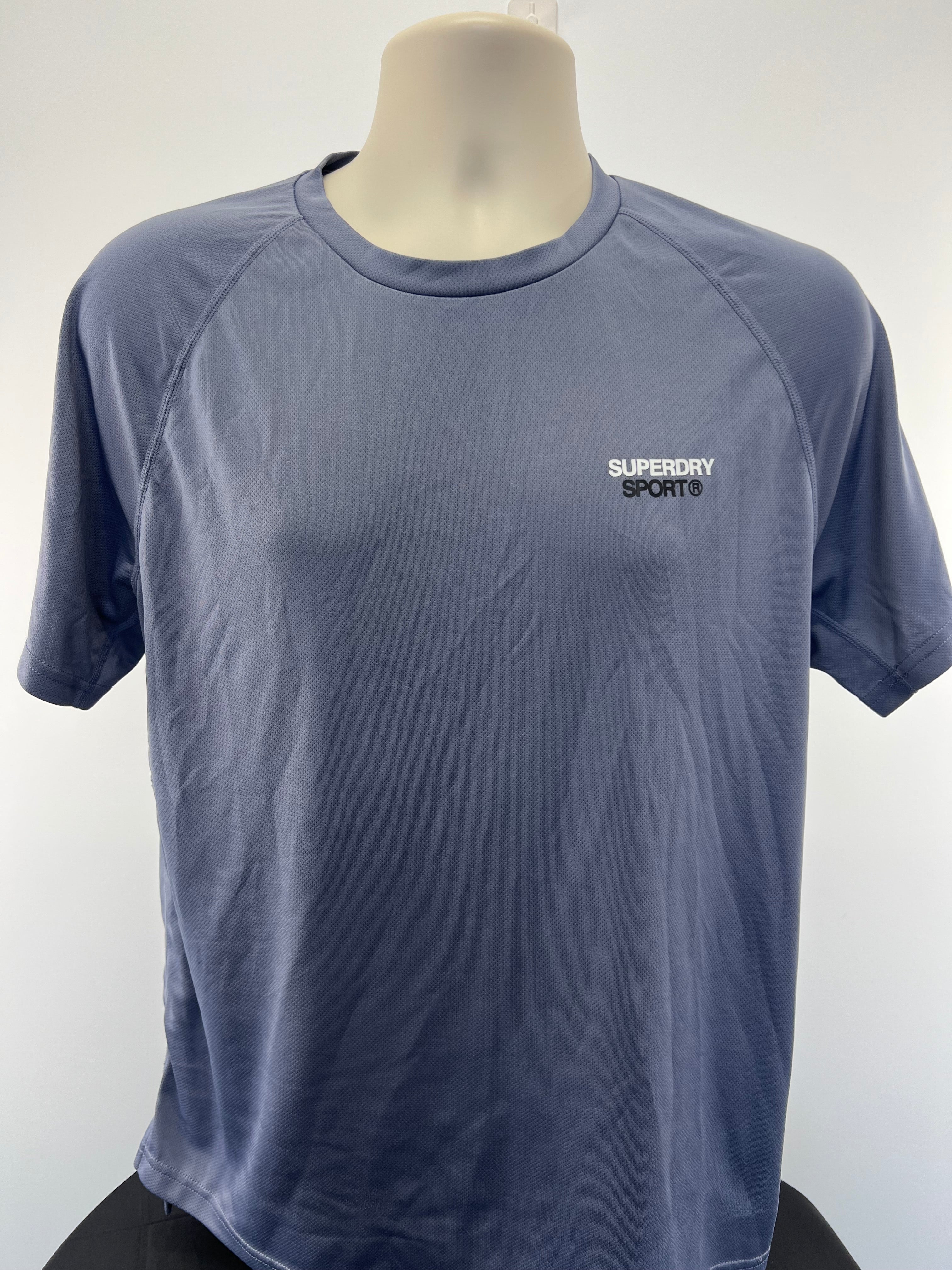 Front view of Superdry men's blue sports t-shirt with small logo on chest