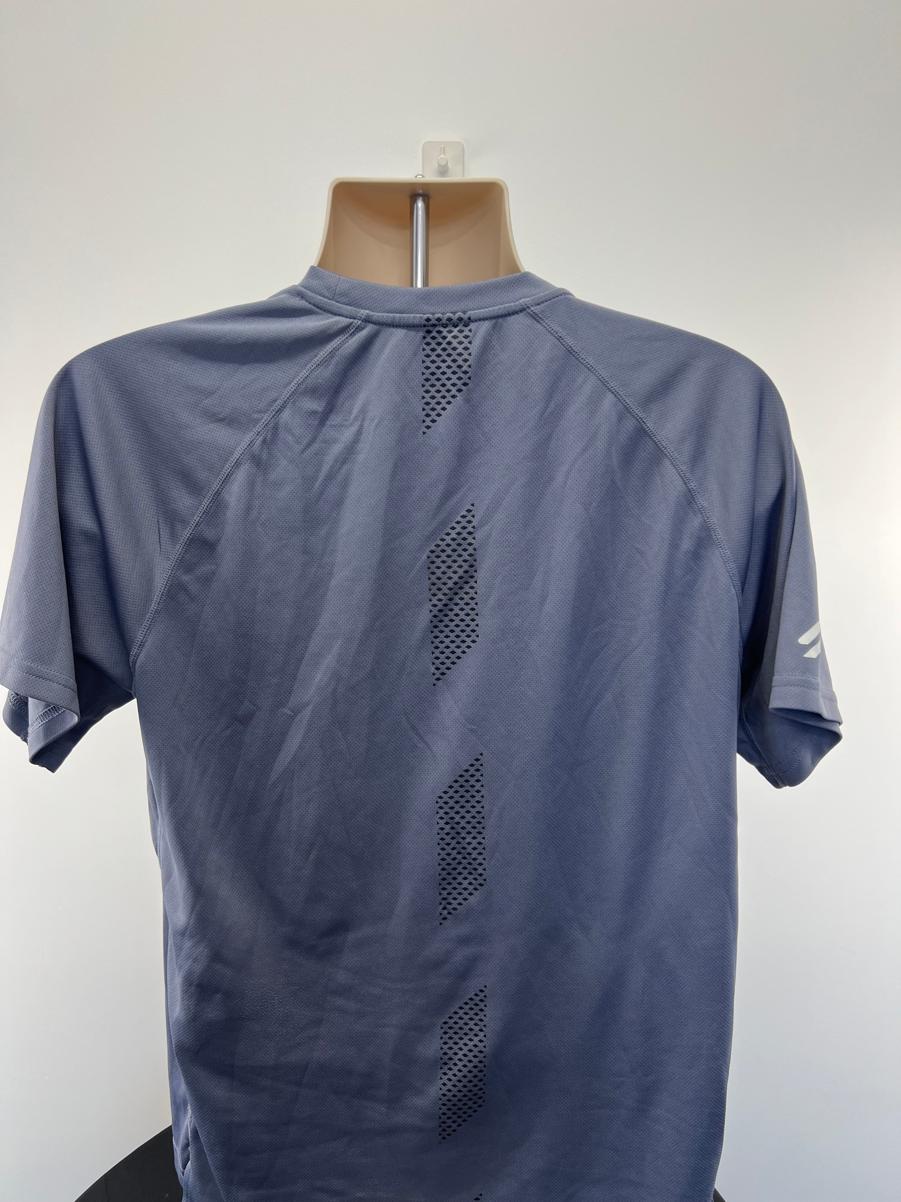 Back view of Superdry men's blue sports t-shirt showing ventilation perforations