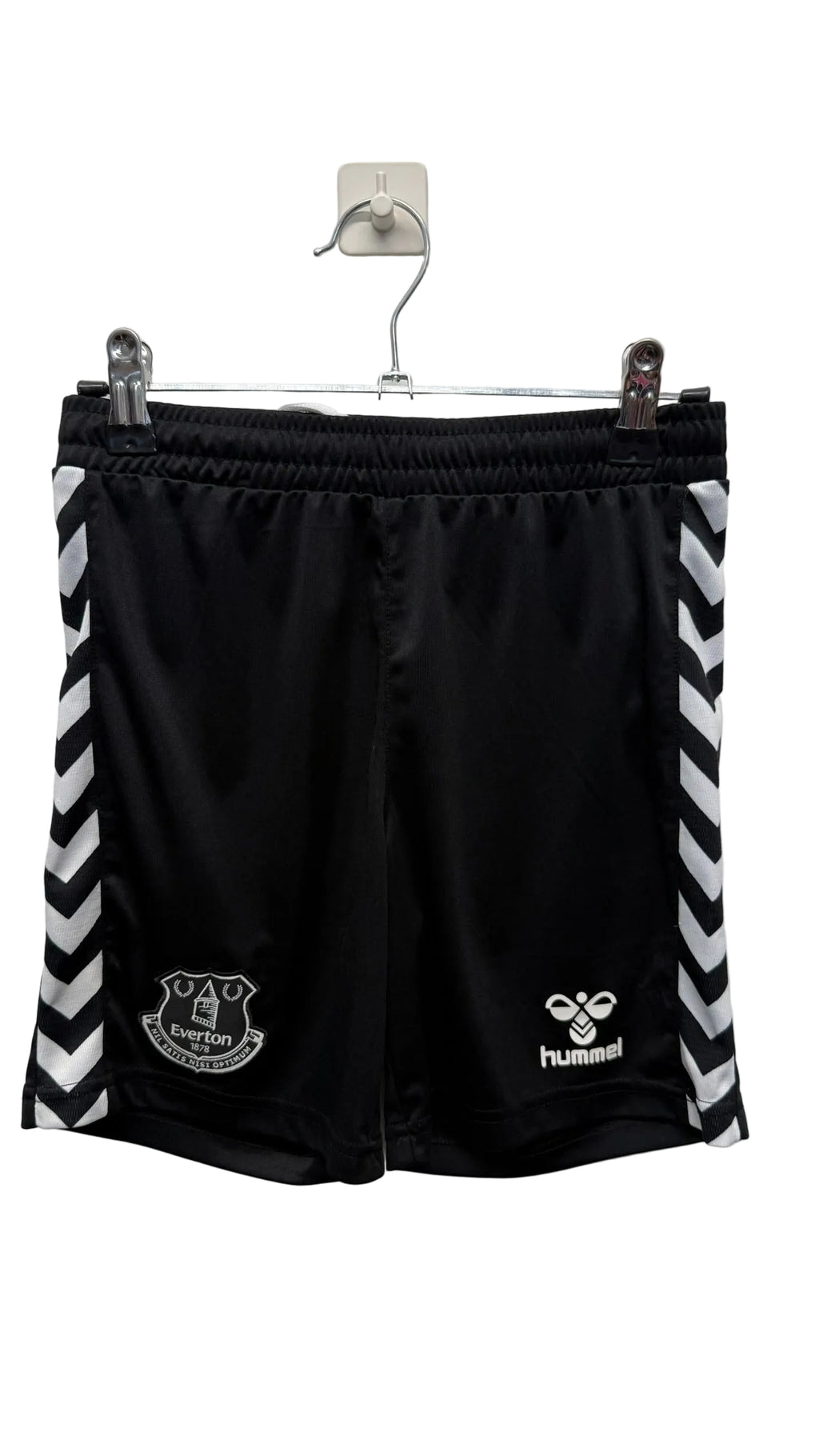 Everton kids football shorts by Hummel with club crest and chevron side detail